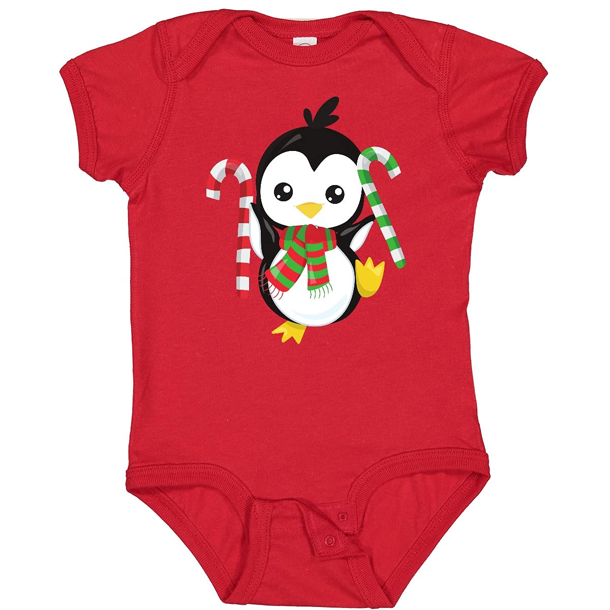 Inktastic Christmas Penguin Baby Bodysuit - Cute Penguin with Scarf & Candy Cane Design - Perfect for Holiday Photos, Family Gatherings & Festive Outfits
