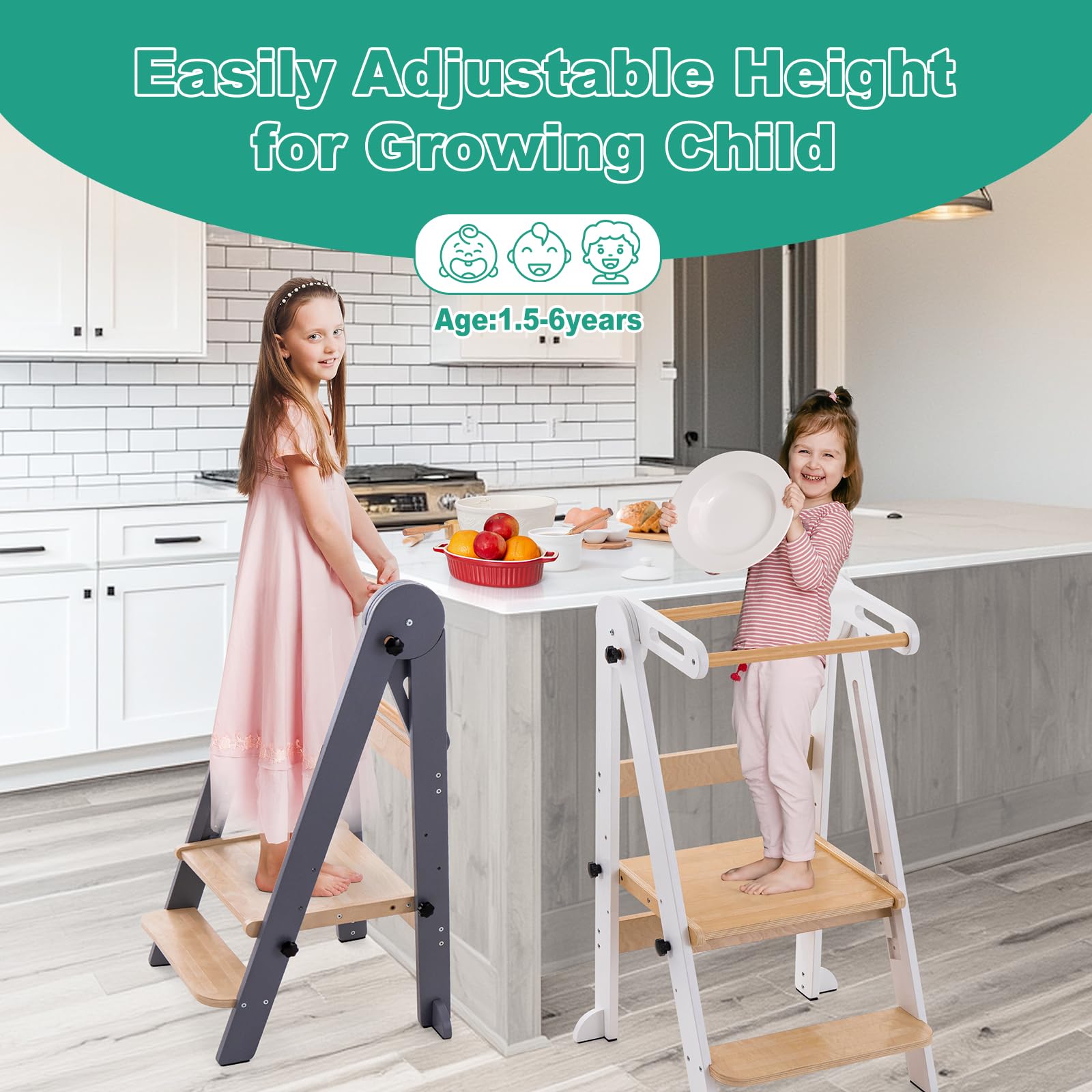 Foldable Toddler Tower - Adjustable Kitchen Step Stool for Kids 1.5-6 Years | 3 Height Settings with Non-Slip Safety Strips | Montessori Learning Tower for Cooking, Baking & Washing Hands at Sink (Gray) - Perfect for Kitchen Counter Access & Independent Play