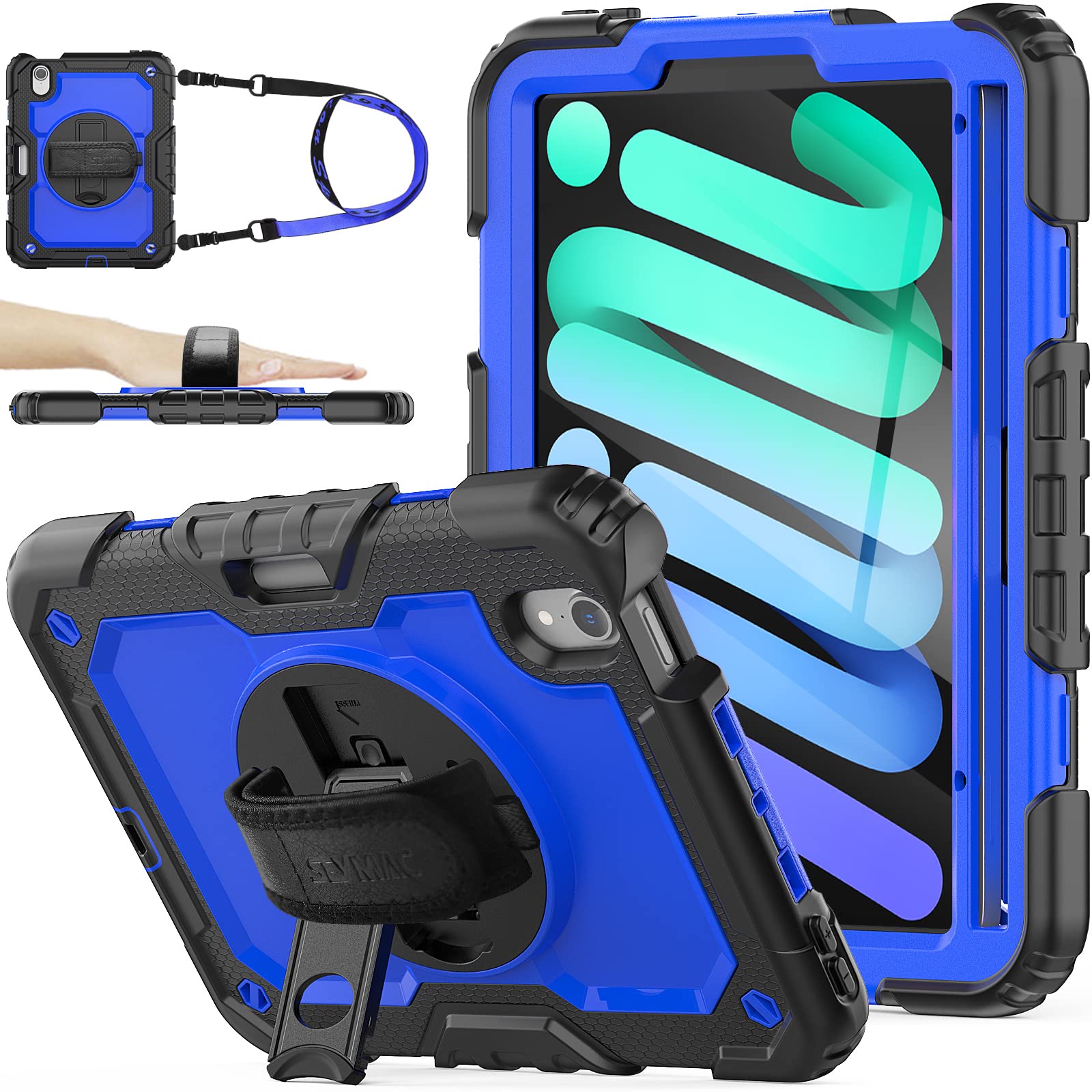 SEYMAC 360 Rotating Stand Case with Screen Protector & Pencil Holder for iPad Mini 7 (2024, A17 Pro) & iPad Mini 6 (8.3 Inch) - Shockproof Protective Cover with Hand Strap (Blue & Black) - Perfect for Work, Travel, and Entertainment
