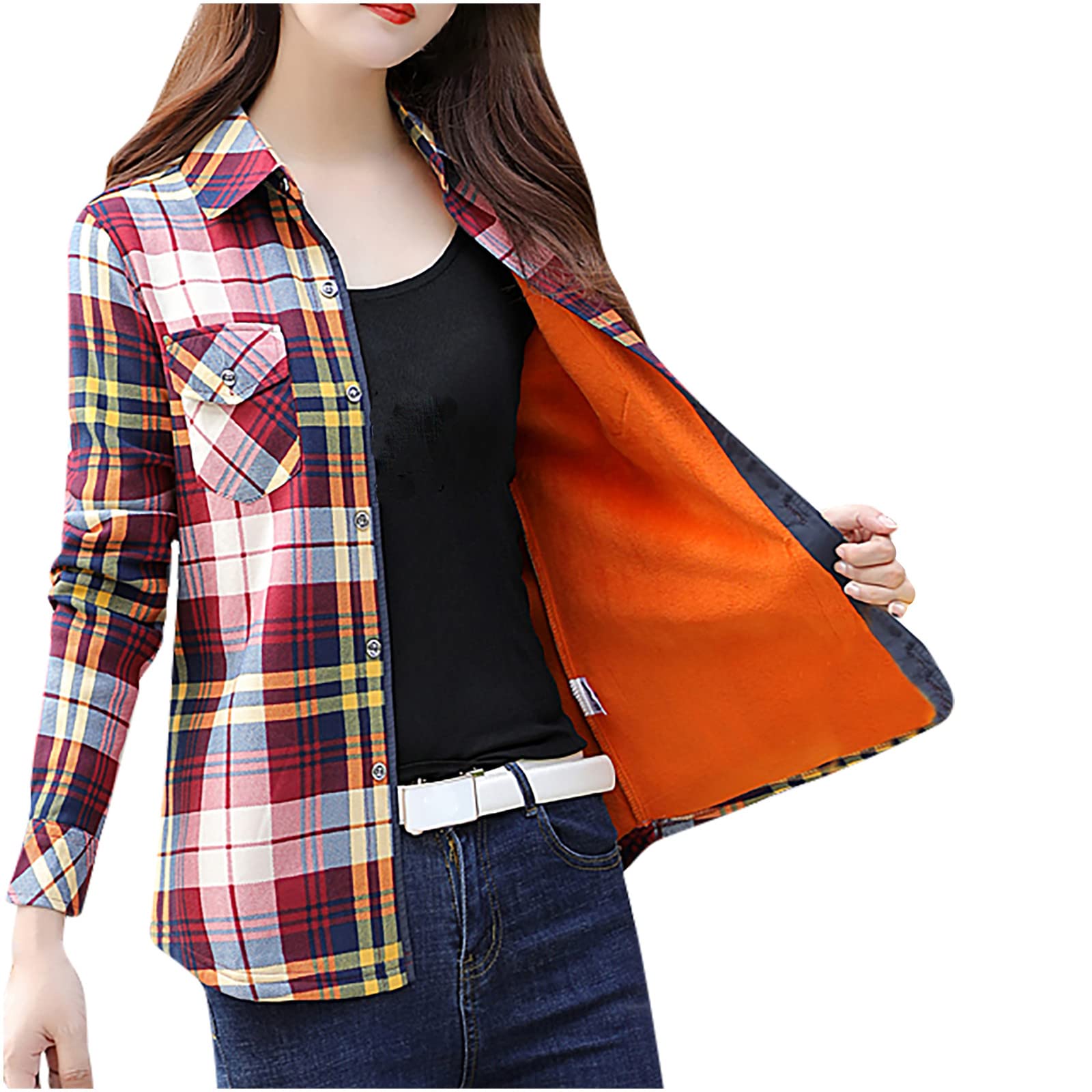 Scai-yuu Women's Fall Winter Coat - Fashionable Plush Warm Thick Red Plaid Wool Jacket for Women | Perfect for Cold Weather, Outdoor Activities & Stylish Layering