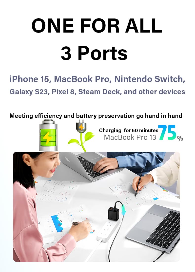 GAROGYI 65W GaN Fast Charger with 3 Ports, USB C Wall Charger Block & Cable for iPhone 15 Pro Max, iPad Pro, MacBook Air, Galaxy S23, XPS 13, Pixel 8 - Compact Foldable Design (Black) - Perfect for Travel, Office & Home Charging