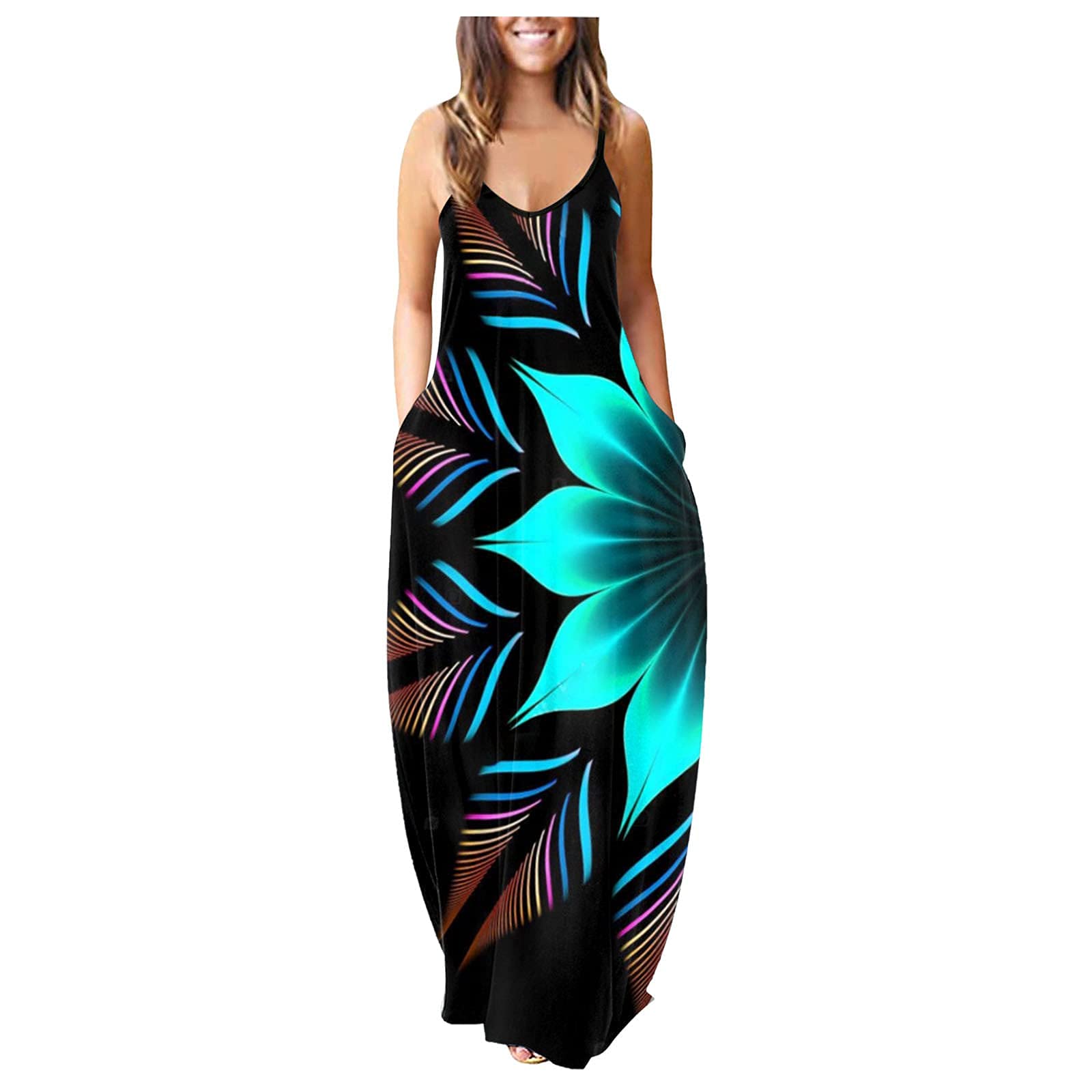 BmkBWO Women's Maxi Dresses 2023 - Summer Spaghetti Strap Beach Dress, Sexy Sleeveless Loose Casual Long Dress with Crew Neck | Perfect for Beach Vacations, Pool Parties & Summer Outings