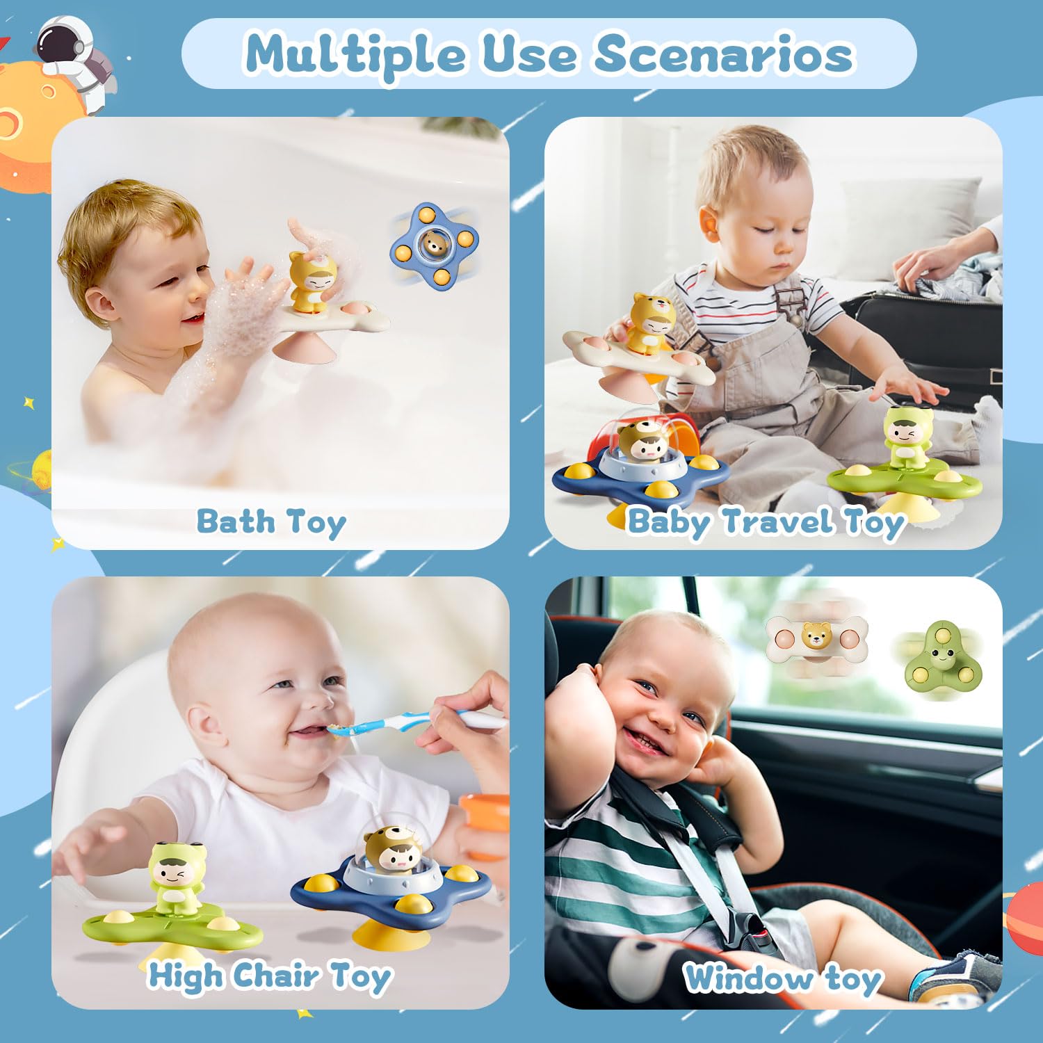 3Pcs Baby Suction Cup Spinner Toy - Bath & Travel Sensory Toys for 1-2 Year Olds - Window Play for Toddlers