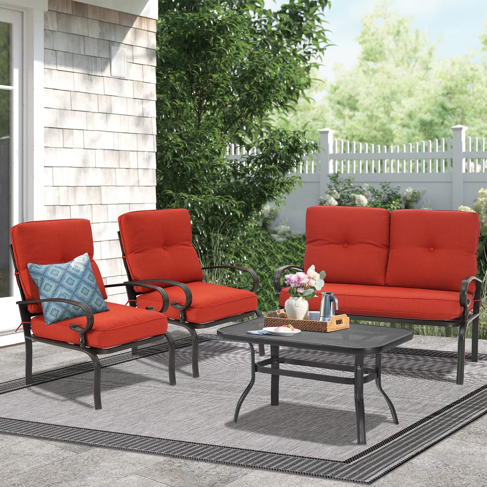 4-Piece Outdoor Metal Patio Furniture Set - Wrought Iron Conversation Set with Loveseat, Coffee Table & 2 Chairs - Steel Frame Garden Seating with Red Cushions - Perfect for Backyard, Deck, Poolside or Patio Relaxation