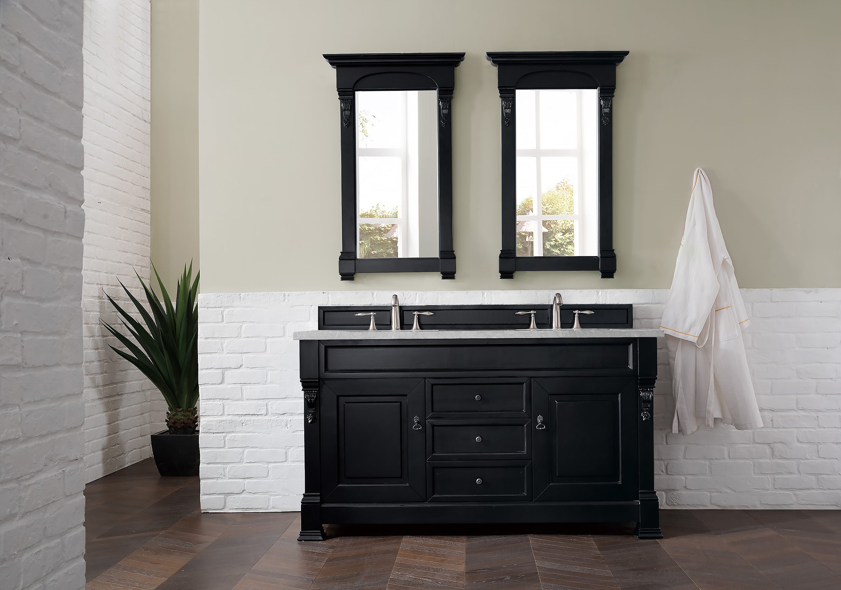 Brookfield 60 Inch Double Bathroom Vanity with Antique Black Finish & 3CM Eternal Serena Quartz Countertop - Perfect for Master Bathroom or Guest Bath Renovation