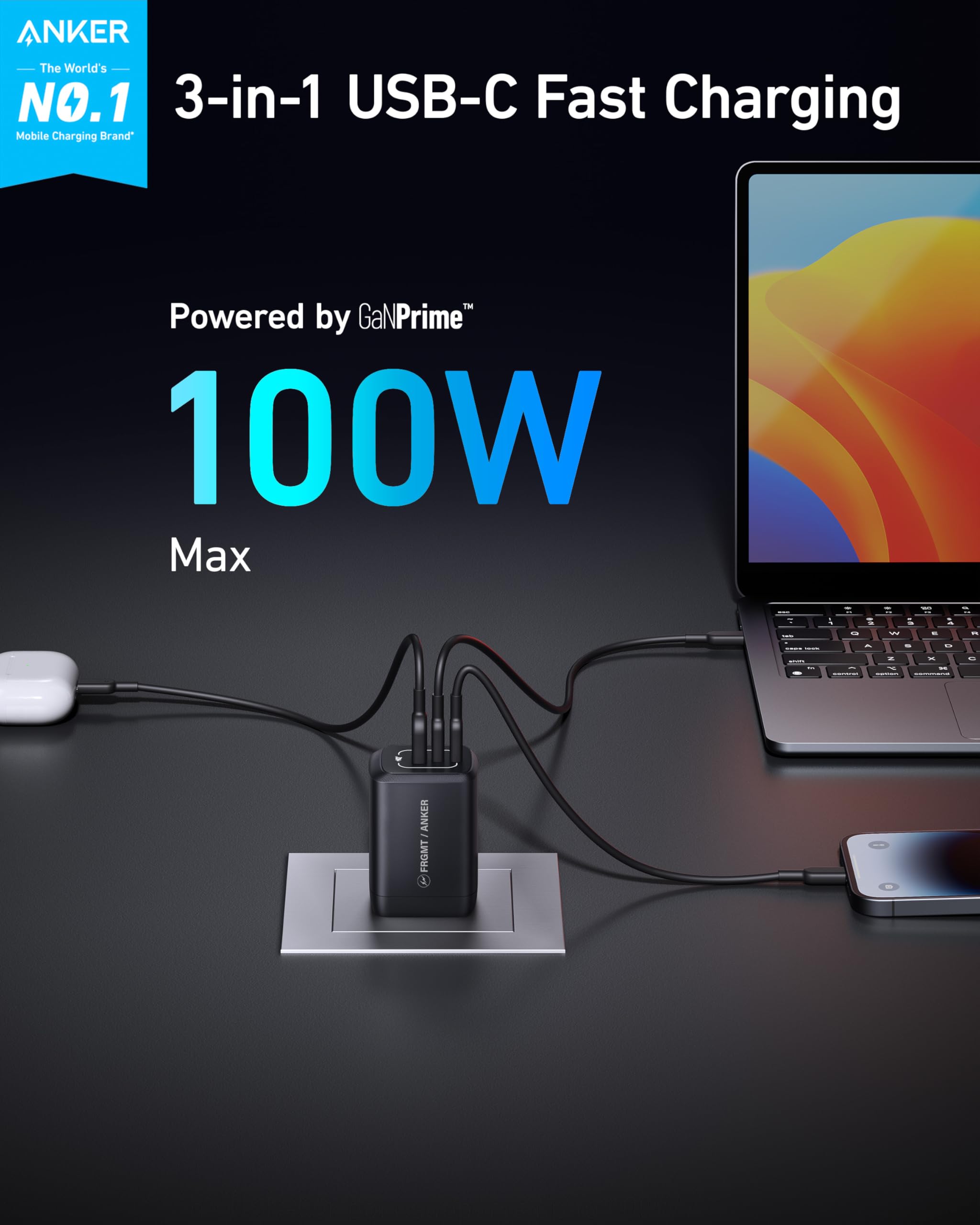Anker Prime 100W GaN Fast Charger with PPS - 3-Port Compact USB C Wall Charger for MacBook Pro/Air, iPad Pro, iPhone 16/Pro, Galaxy S23/S22, Pixelbook - Includes USB-C Cable - Perfect for Travel, Office & Home Charging