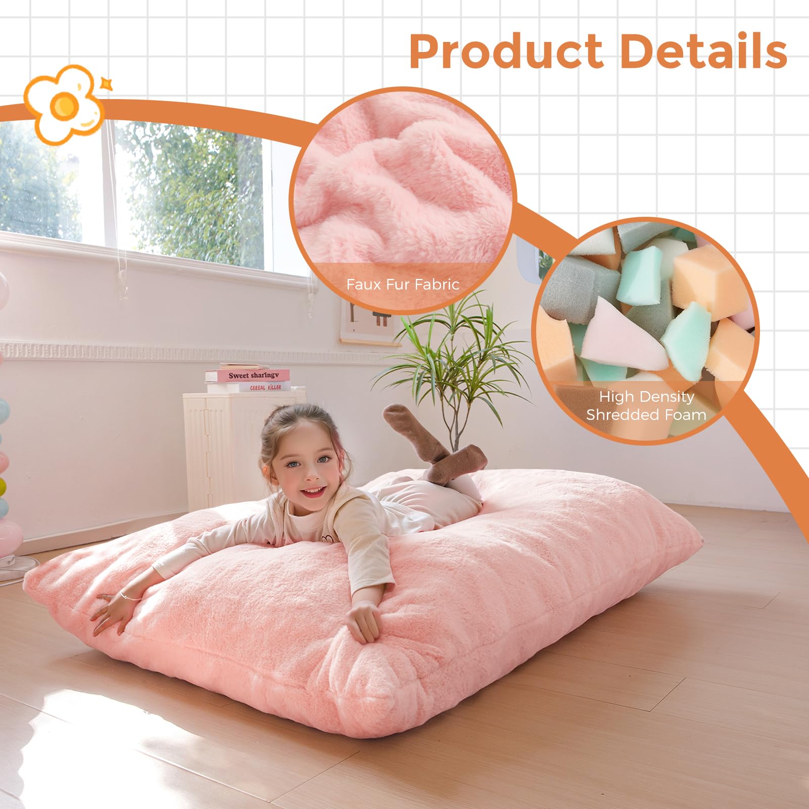 MAXYOYO 3-in-1 Kids Bean Bag Chair Bed - Convertible Faux Fur Floor Sofa for Children, Gaming & Reading (Pink) | Perfect for Bedroom, Playroom & Dorm Room Comfort