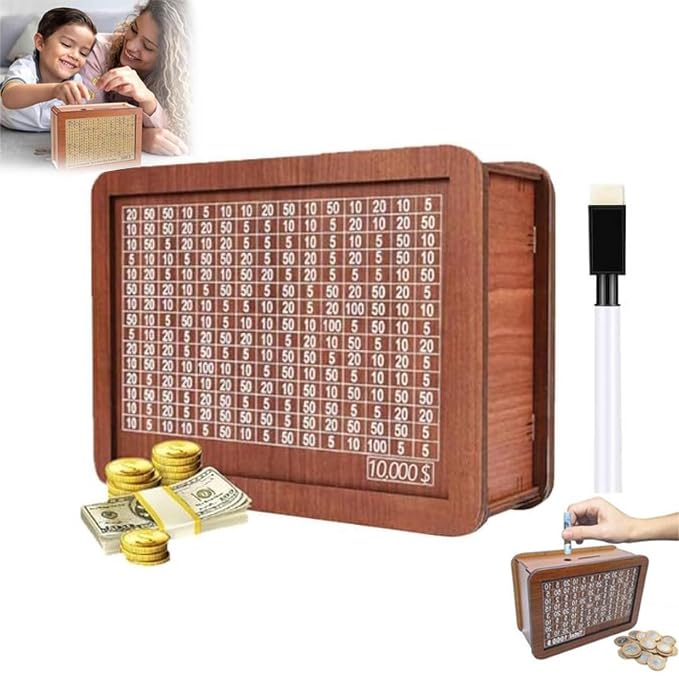 10000 Dollar Wooden Cash Vault Savings Box - Money Saving Challenge Box for Adults with Target Numbers - Perfect for Cash Gifts, Budgeting & Financial Goals (Cash Saver, Money Box, Cashbox)