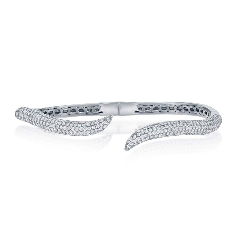 925 Sterling Silver Rhodium Plated Wave Snake Bangle Bracelet with Cubic Zirconia - Elegant Hinged Jewelry for Women, Perfect for Parties, Weddings & Special Occasions