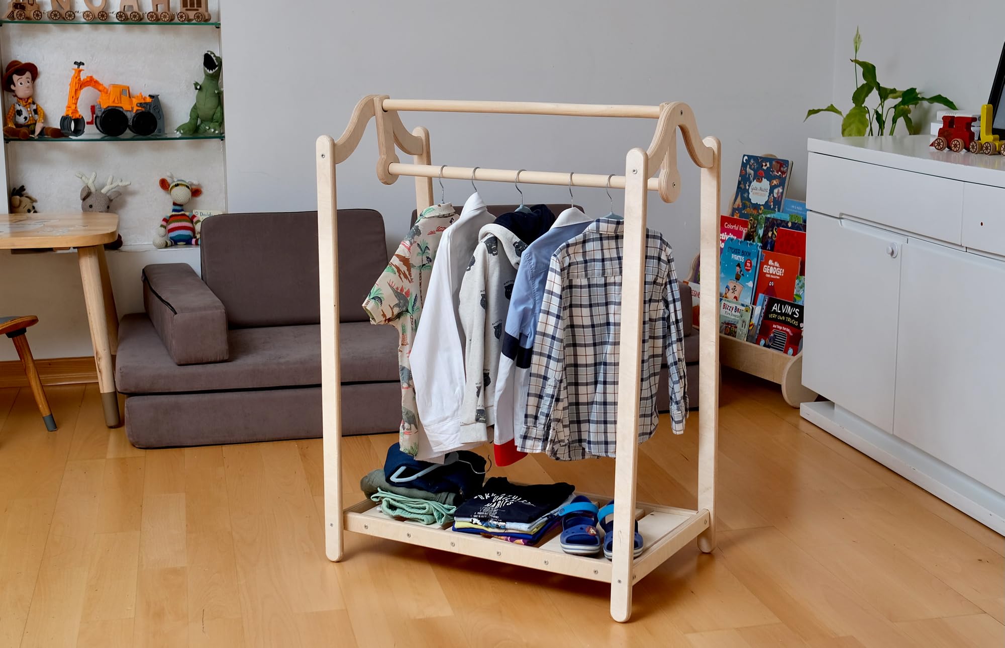 Montessori Kids Clothing Rack & Wardrobe Set - Premium Wooden Toddler Wardrobe with Dress Up Station | Child Room Clothes Organizer & Storage Solution | Perfect for Preschool Playrooms, Daycare Centers & Montessori Classrooms