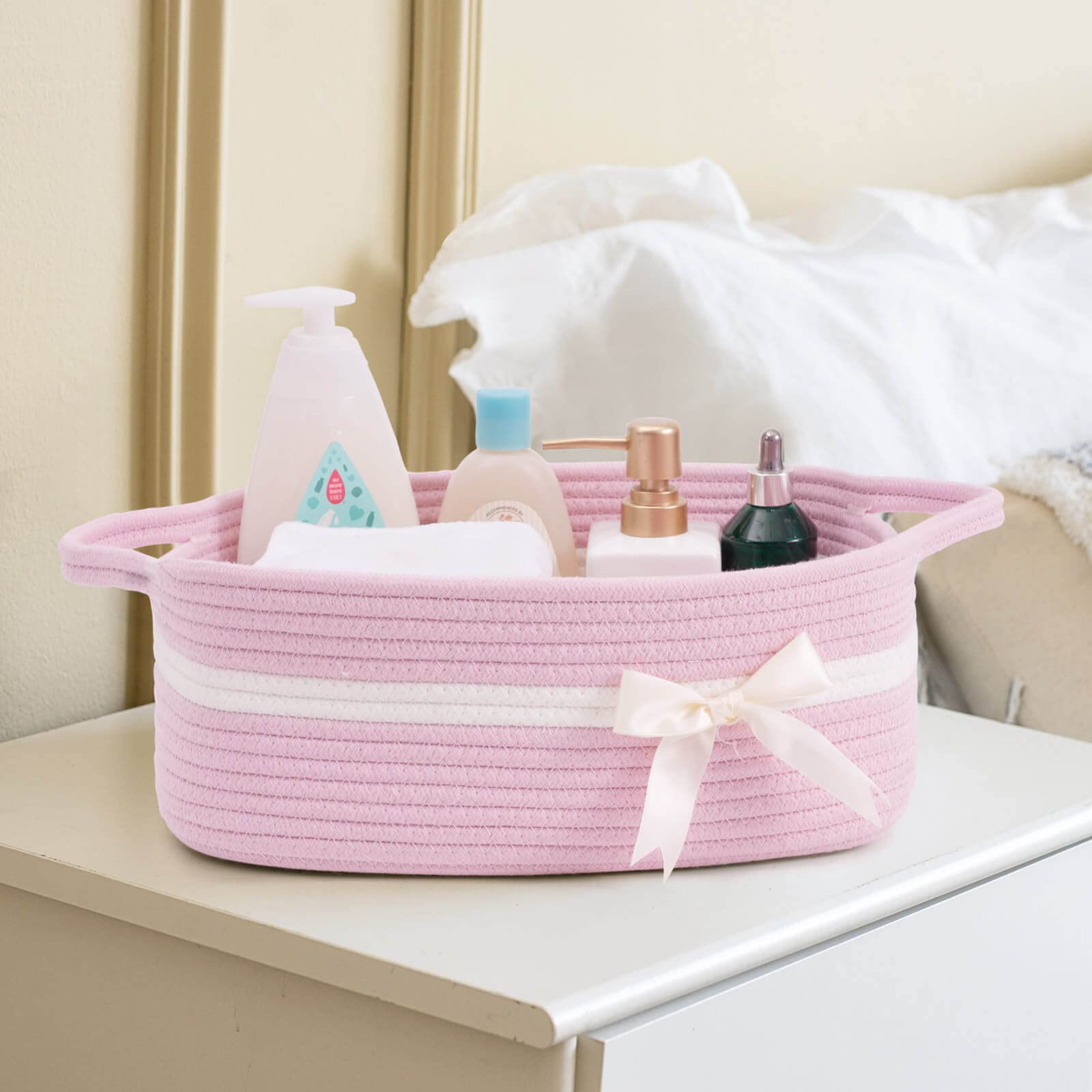 Pink Baby Gift Basket - Woven Nursery Storage for Toys & Towels (13x9.8x5