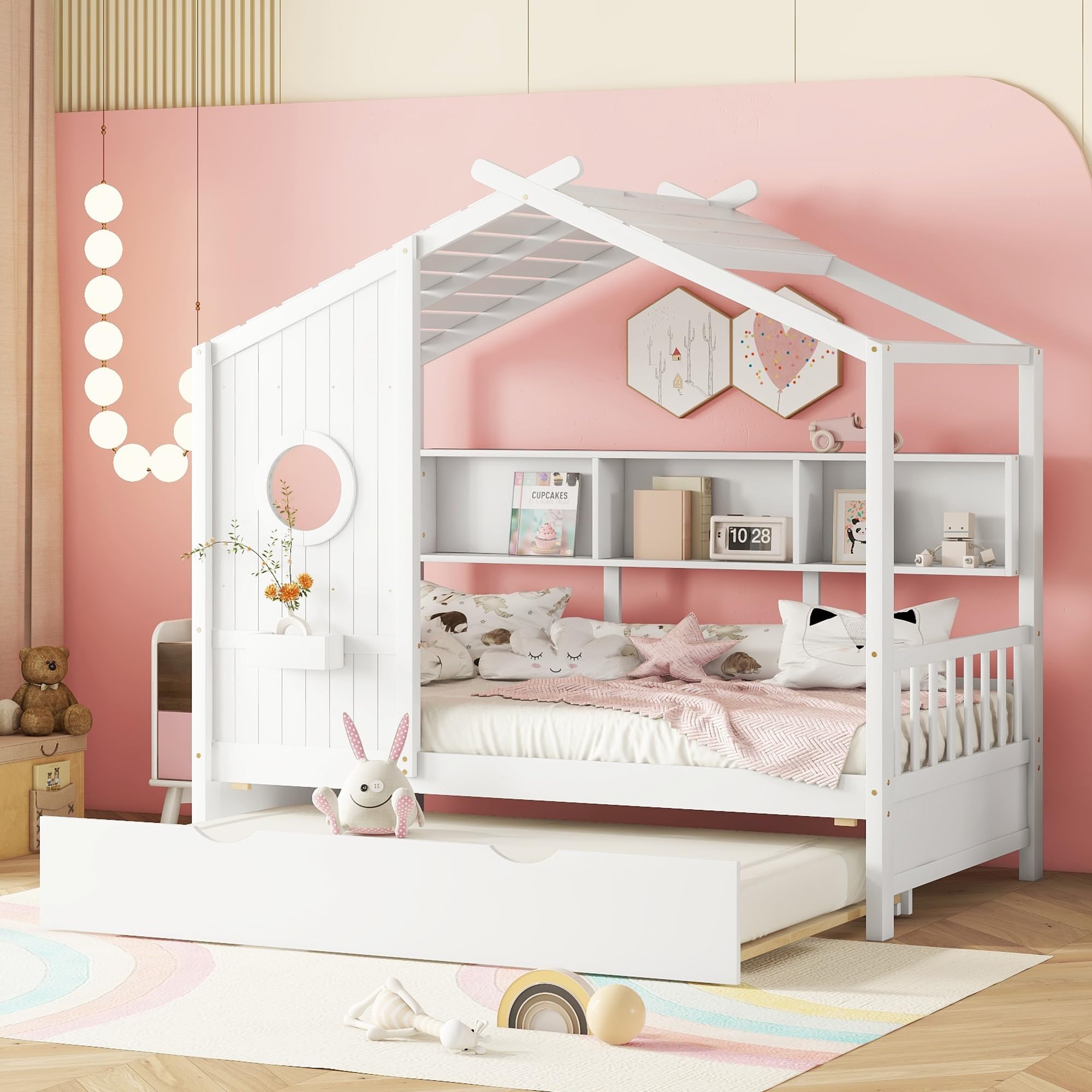 P PURLOVE Twin Size Wooden House Bed with Trundle & Storage Shelf - Modern Kids Bed Frame for Boys, Girls & Teens - Perfect for Bedrooms, Playrooms & Sleepovers