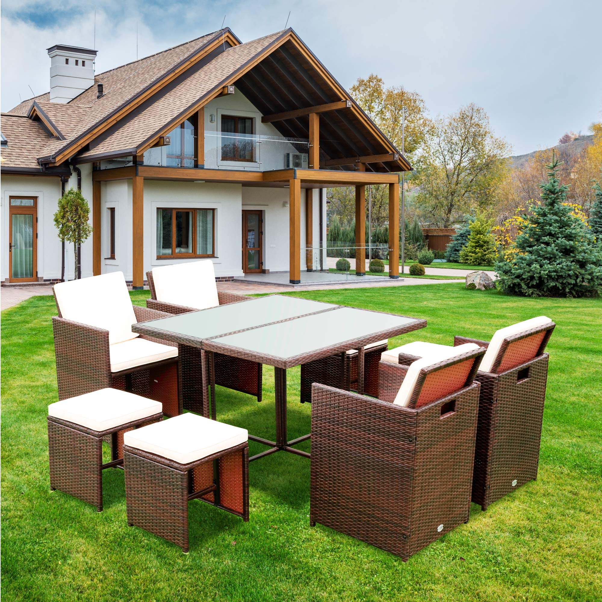 9-Piece Patio Dining Set with Space-Saving Rattan Chairs & Glass Table - Outdoor Furniture Set with Cushioned Seating & Backrest - Perfect for Garden, Backyard, Poolside & Small Balcony Dining