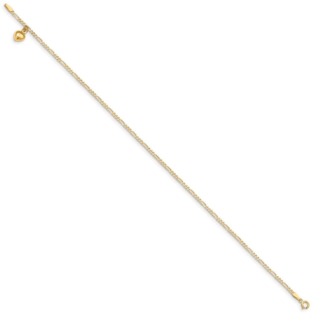 14K Yellow Gold Figaro Link Anklet with Dangling Heart Charm - 9 Inch Adjustable Ankle Bracelet for Women, Perfect for Beach, Date Night & Special Occasions