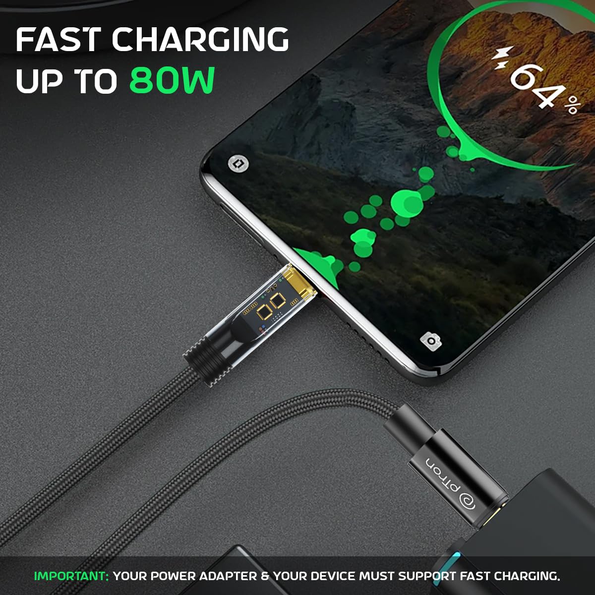 pTron Solero 80W Fast Charging USB Type-C Cable (1M, Black) - High-Speed 480Mbps Data Sync, Durable Nylon Braid - Compatible with Samsung, OnePlus, Oppo, Vivo, Xiaomi & More - Perfect for Travel, Office & Home Charging