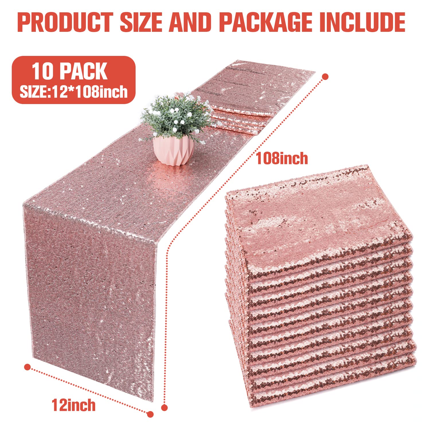 10 Pack Rose Gold Sequin Table Runners 12x108 Inch - Glitter Sparkle Table Covers for Wedding, Birthday, Christmas, Holiday Decorations - Perfect for Party, Banquet, and Special Event Decor