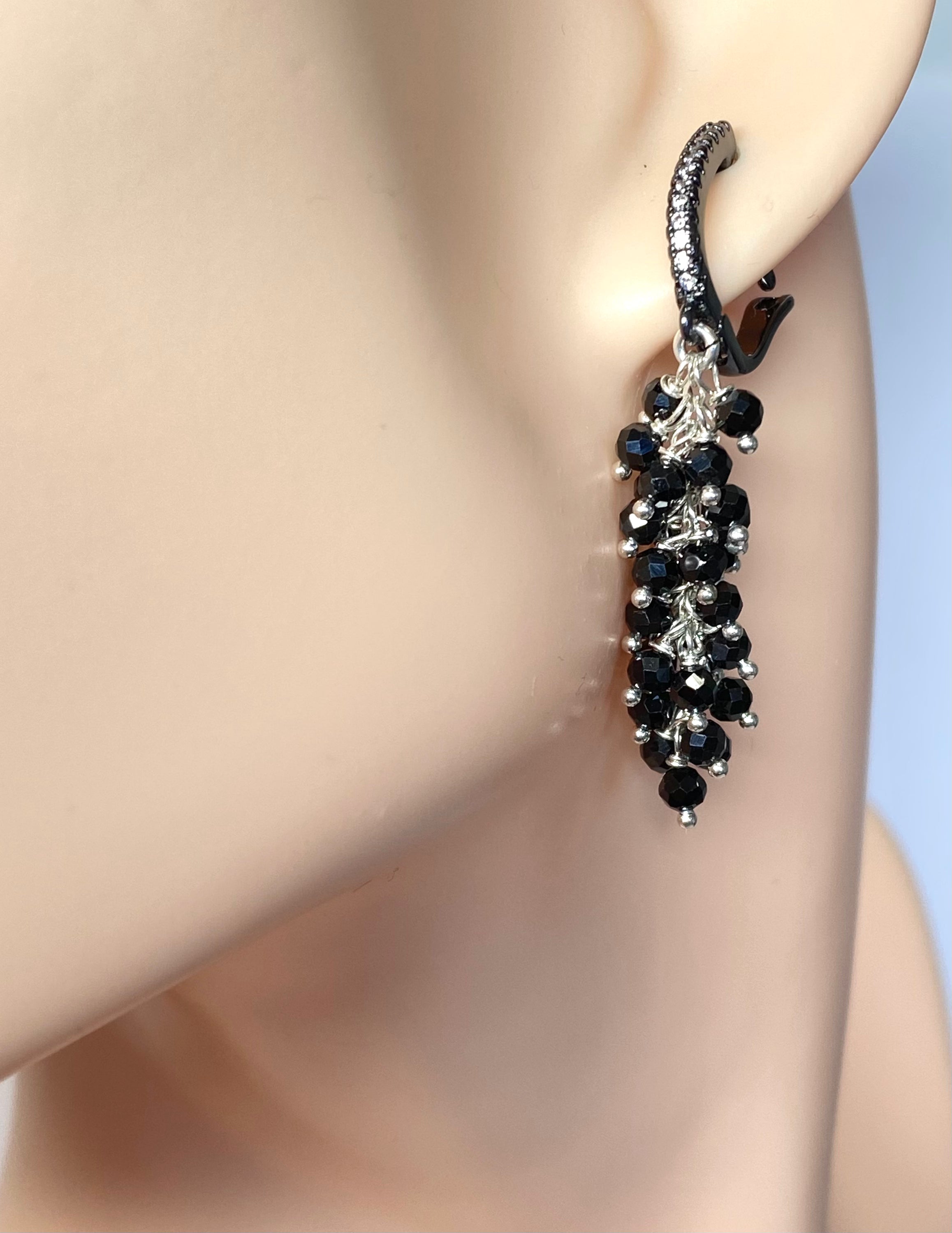 Black Cluster Earrings Sterling Silver - Mystic Black Spinel Dangle Earrings for Women | Elegant Gothic Jewelry for Evening Parties & Special Occasions