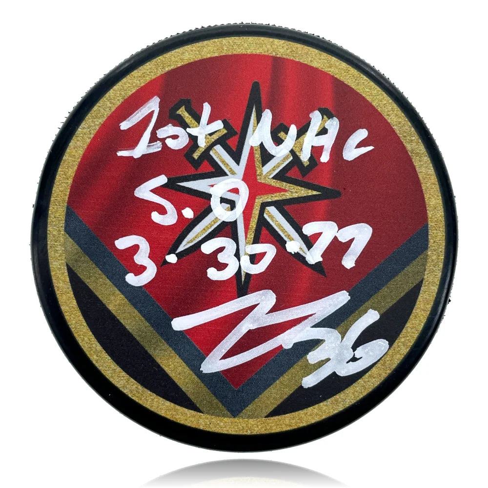 Logan Thompson Autographed Vegas Golden Knights Retro Hockey Puck - First Save Inscription - Collectible Memorabilia for NHL Fans & Sports Enthusiasts - Perfect for Display, Gifts, and Sports Collections