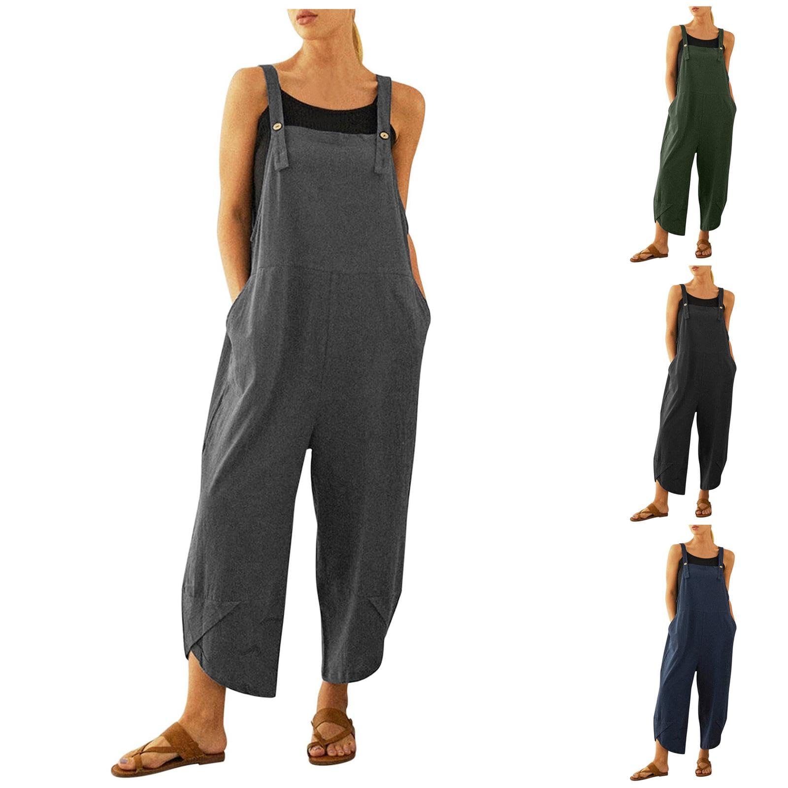 Women's Oversized Jumpsuits - Casual Solid Romper with Long Sleeves, Adjustable Straps & Pockets | Baggy Button Overalls for Comfortable Everyday Wear | Perfect for Work, Travel and Relaxing Outfits