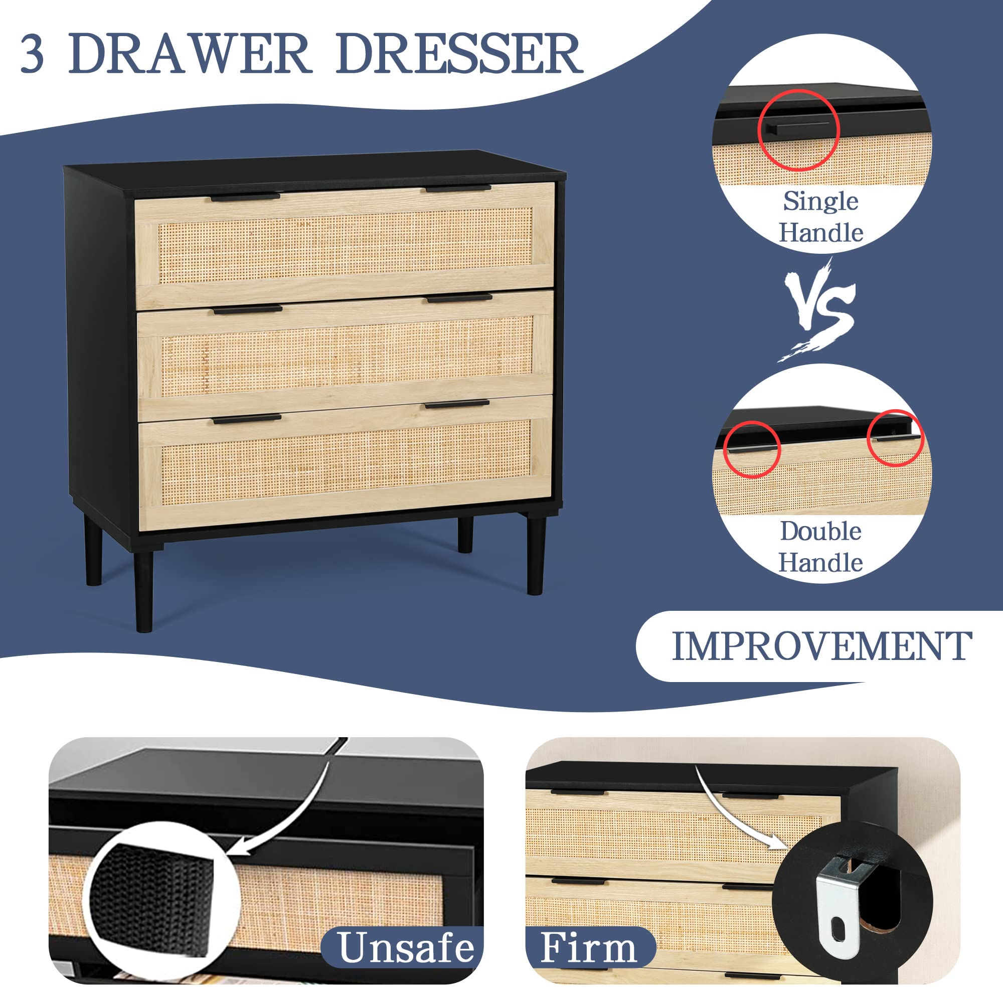 Modern Rattan 3-Drawer Dresser - Bedroom Storage Cabinet for Home & Office