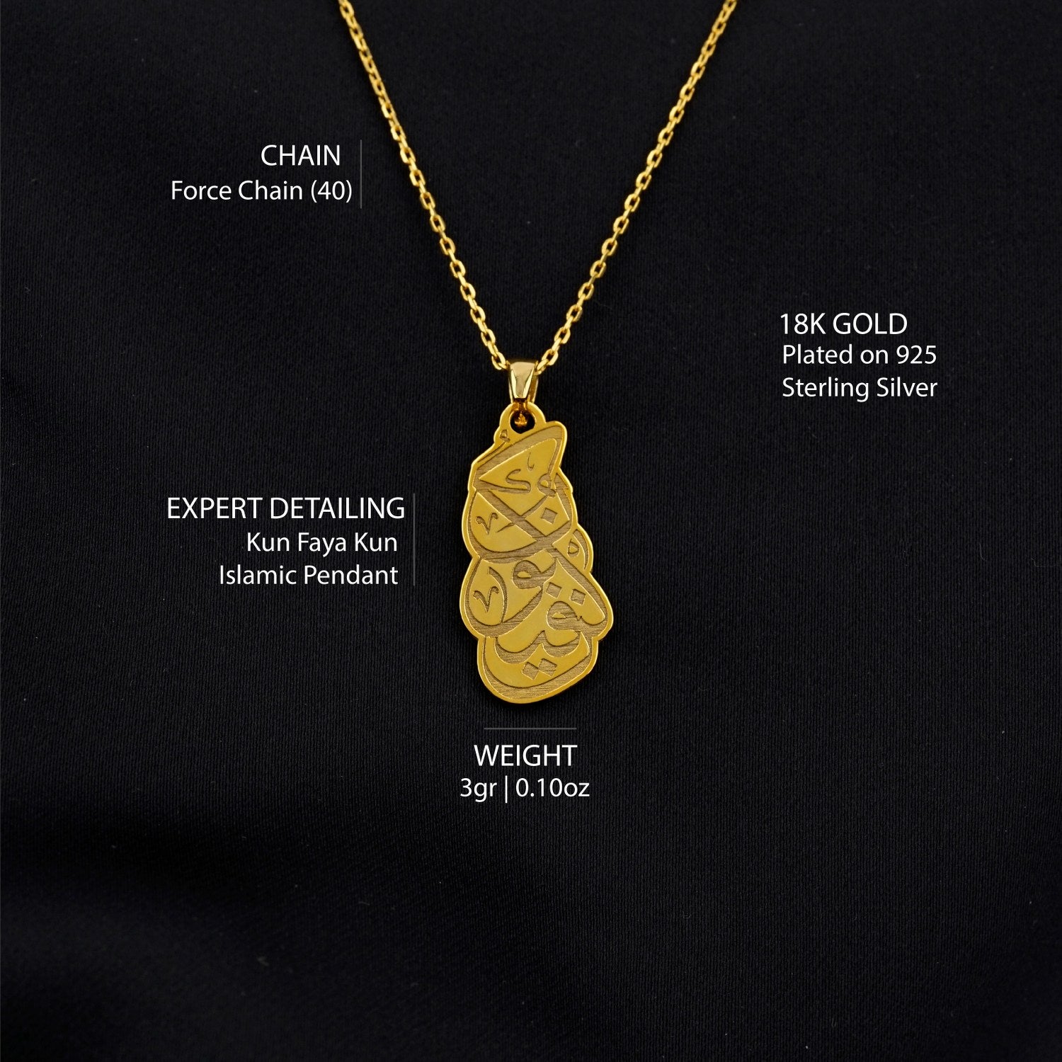 Kun Faya Kun Islamic Pendant Necklace - 18K Gold Plated Sterling Silver Muslim Jewelry - Perfect for Eid, Ramadan Gifts & Daily Wear