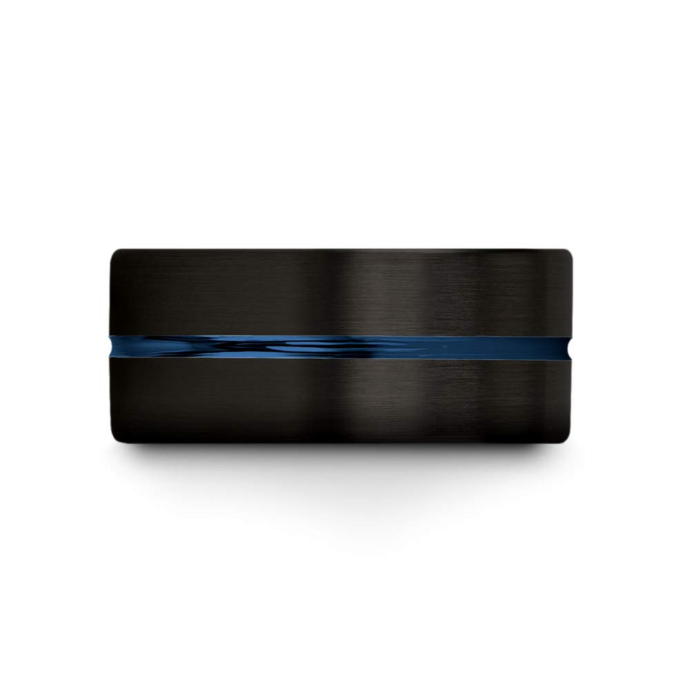 10mm Tungsten Carbide Wedding Band Ring for Men & Women - Blue & Black Center Line, Flat Cut, Brushed & Polished Finish - Custom Engraved Anniversary & Engagement Ring - Perfect for Weddings, Proposals & Special Occasions