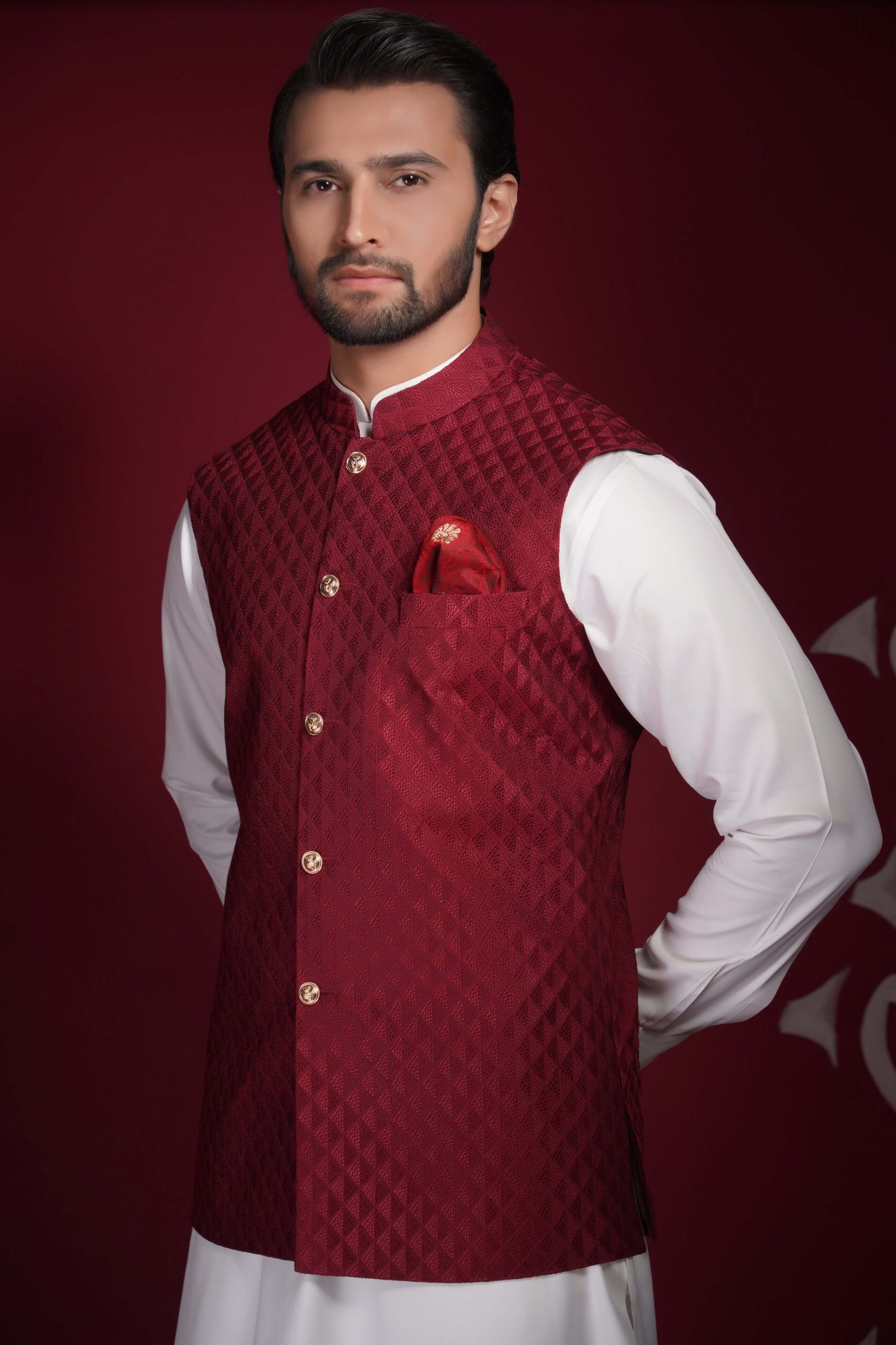 Deep Maroon Embroidered Textured Waistcoat Kurta Set for Men - Traditional Indian Ethnic Wear for Weddings, Festivals & Special Occasions