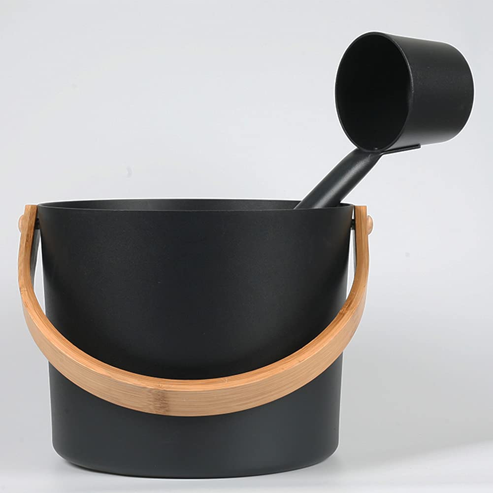 Premium 2-Piece Aluminum Sauna Bucket & Long Handle Ladle Set - Portable Cedar Wood Sauna Accessories for Steam Room & Spa (Black) - Perfect for Home Sauna, Relaxation Therapy & Wellness Retreats