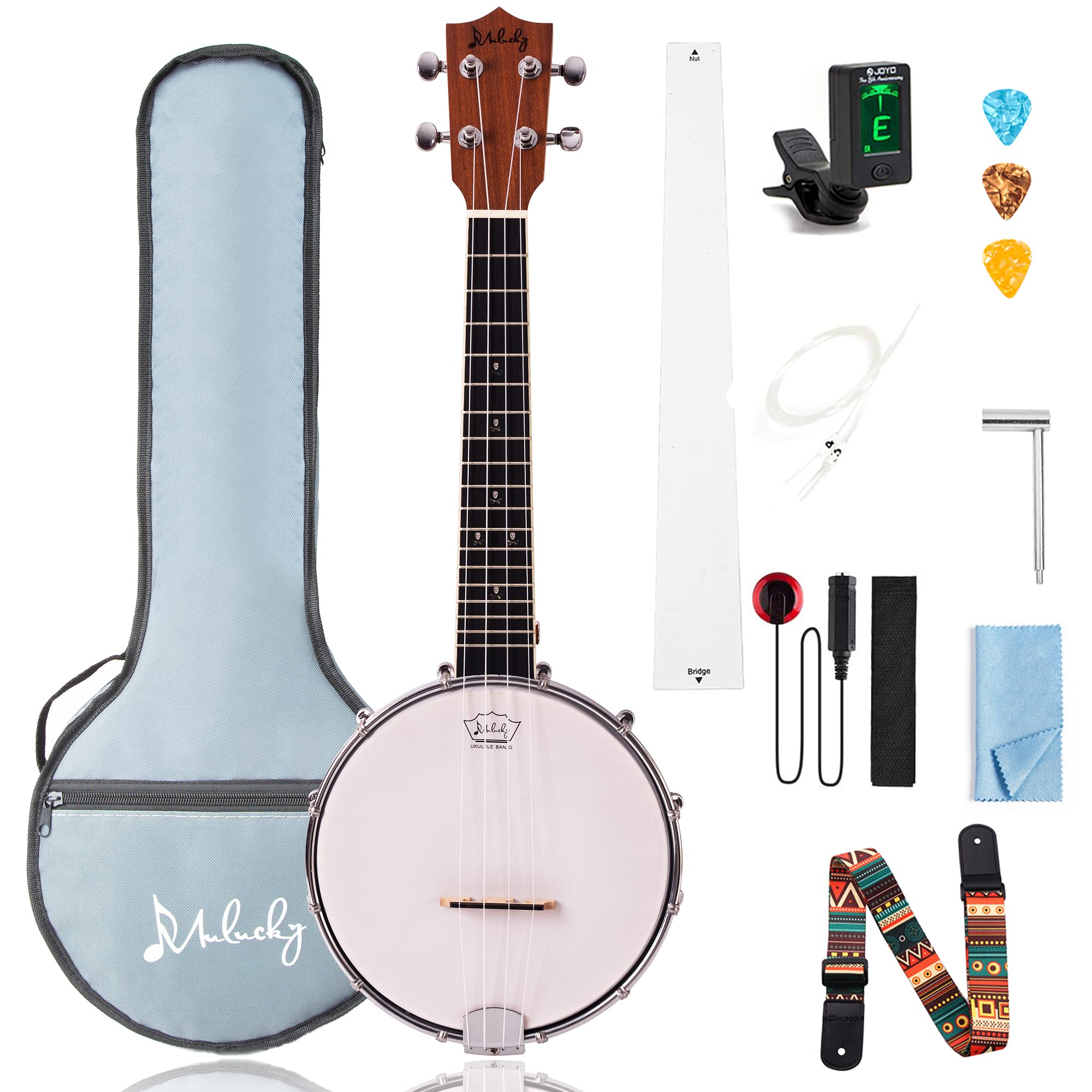 Mulucky 4 String Banjolele - 23 Inch Concert Size Banjo Ukulele with Solid Wood Back | Beginner Kit Includes Truss Rod, Gig Bag, Tuner, Strings, Strap & Picks (MBU-804) | Perfect for Beginners, Travel Performances & Folk Music