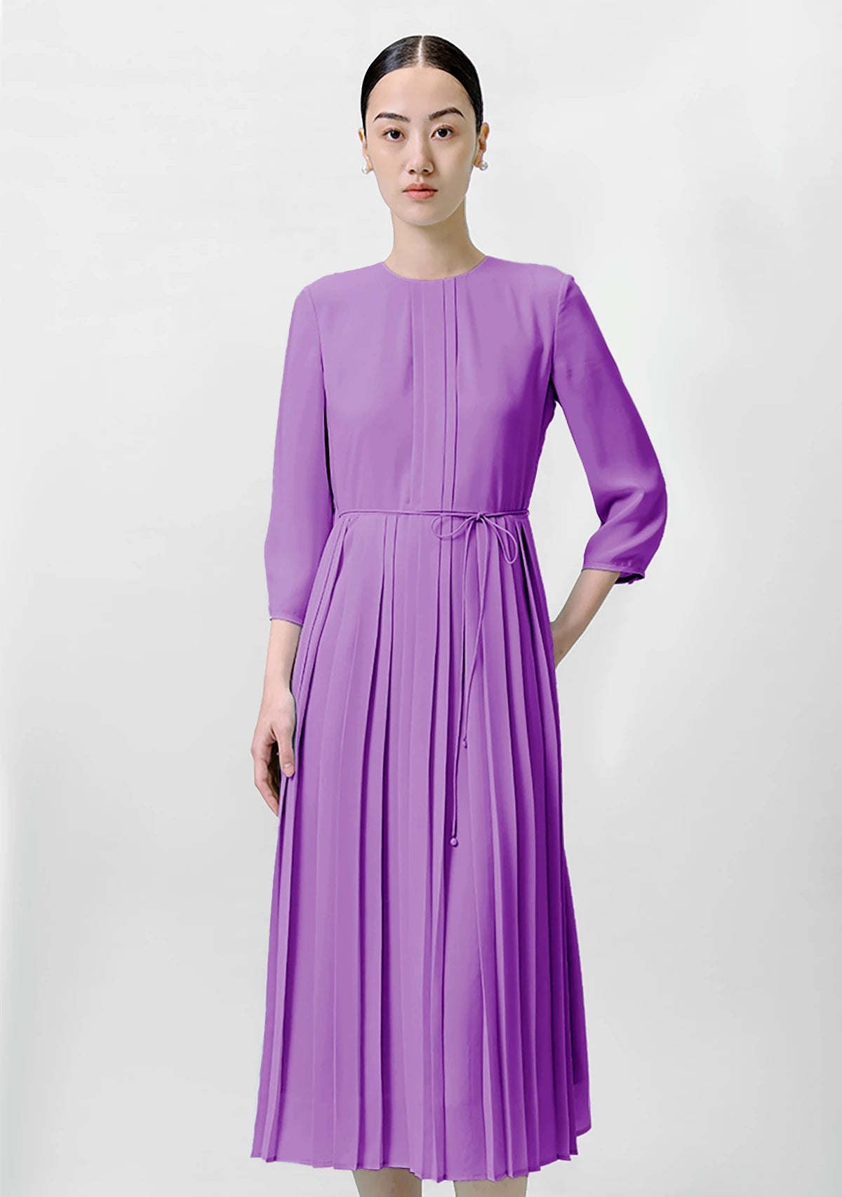 Elegant Pleated 3/4 Sleeve Silk Dress for Women - Perfect for Cocktail Parties, Weddings & Special Occasions