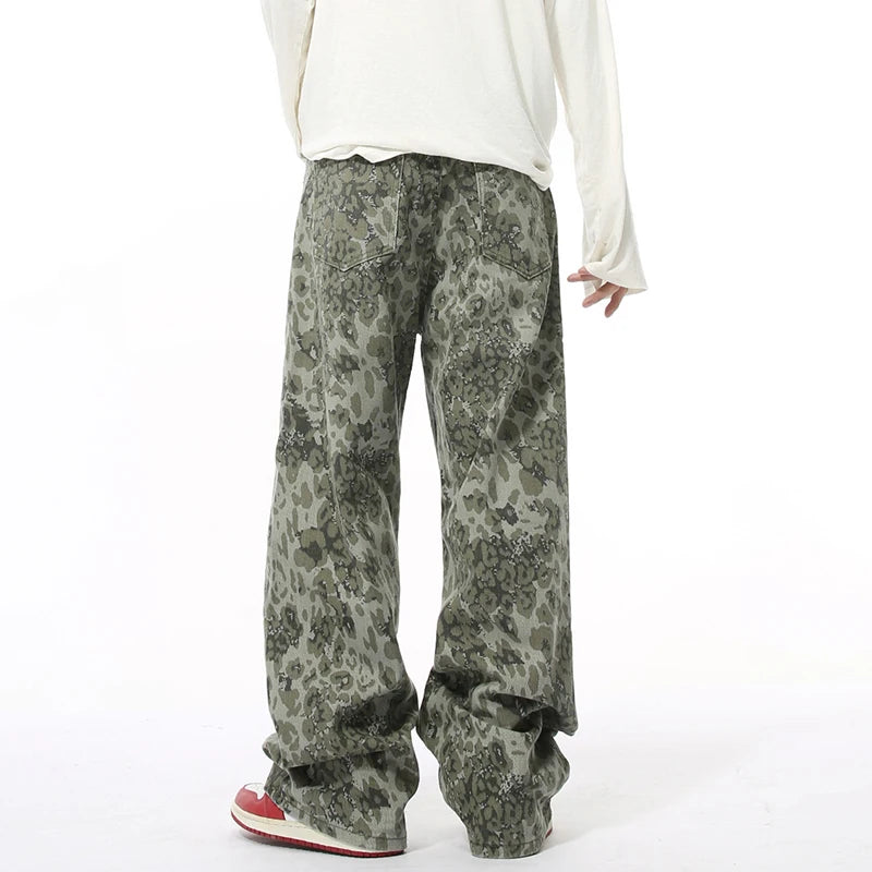 American Style Men's Jeans | Leopard Print Hip Hop Wide Leg Denim Pants for Men | Straight Cut Casual Trousers | Fall Fashion | Perfect for Streetwear, Hip Hop Outfits & Everyday Wear