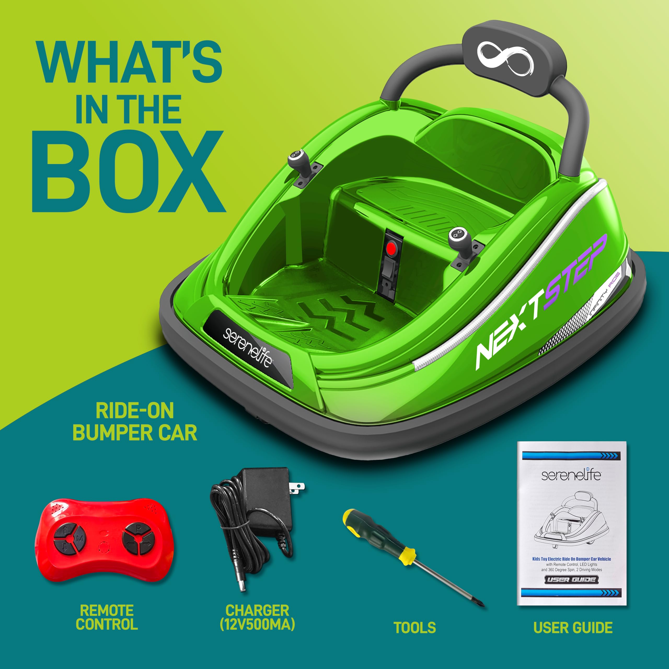 Electric Bumper Car for Kids - 12V Rechargeable Battery Powered Ride On Toy with 2 Speed Modes, Parent Remote Control & Safety Belt | 360° Spin, LED Lights, Dual Joystick | Indoor & Outdoor Play for Toddlers (Green)