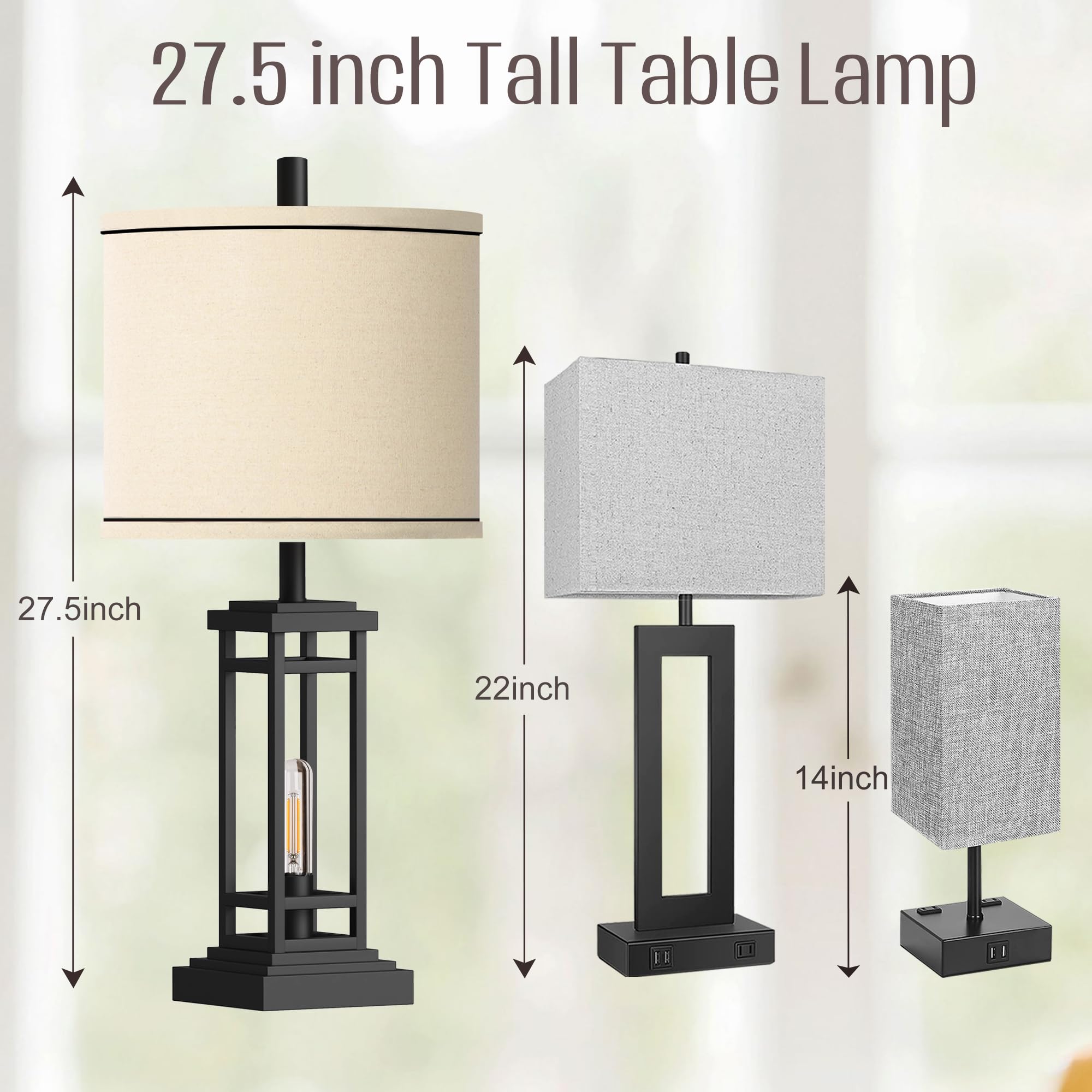 ROTTOGOON 27.5 Inch Tall Farmhouse Table Lamp with USB C & USB A Charging Ports - Rustic Industrial Black End Table Lamp for Bedroom, Living Room, Nightstand - Perfect for Reading, Charging Devices & Home Decor