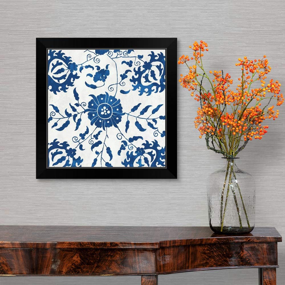 CANVAS ON DEMAND Moroccan Indigo Tile Black Framed Art Print - Handmade Wall Decor for Living Room, Bedroom & Office | Premium Canvas Painting for Home & Office Decor
