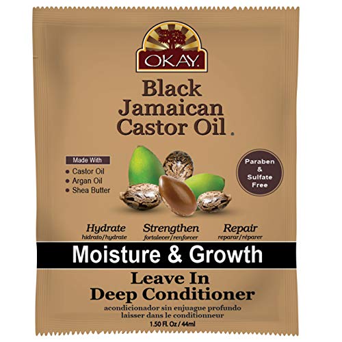 OKAY Black Jamaican Castor Oil Leave-In Conditioner for All Hair Types - Hair Repair Treatment with Argan Oil & Shea Butter - Paraben Free, Sulfate Free, Silicone Free - 1.5 oz - Promotes Hair Growth & Moisture - Perfect for Daily Hair Care & Damaged Hair Restoration