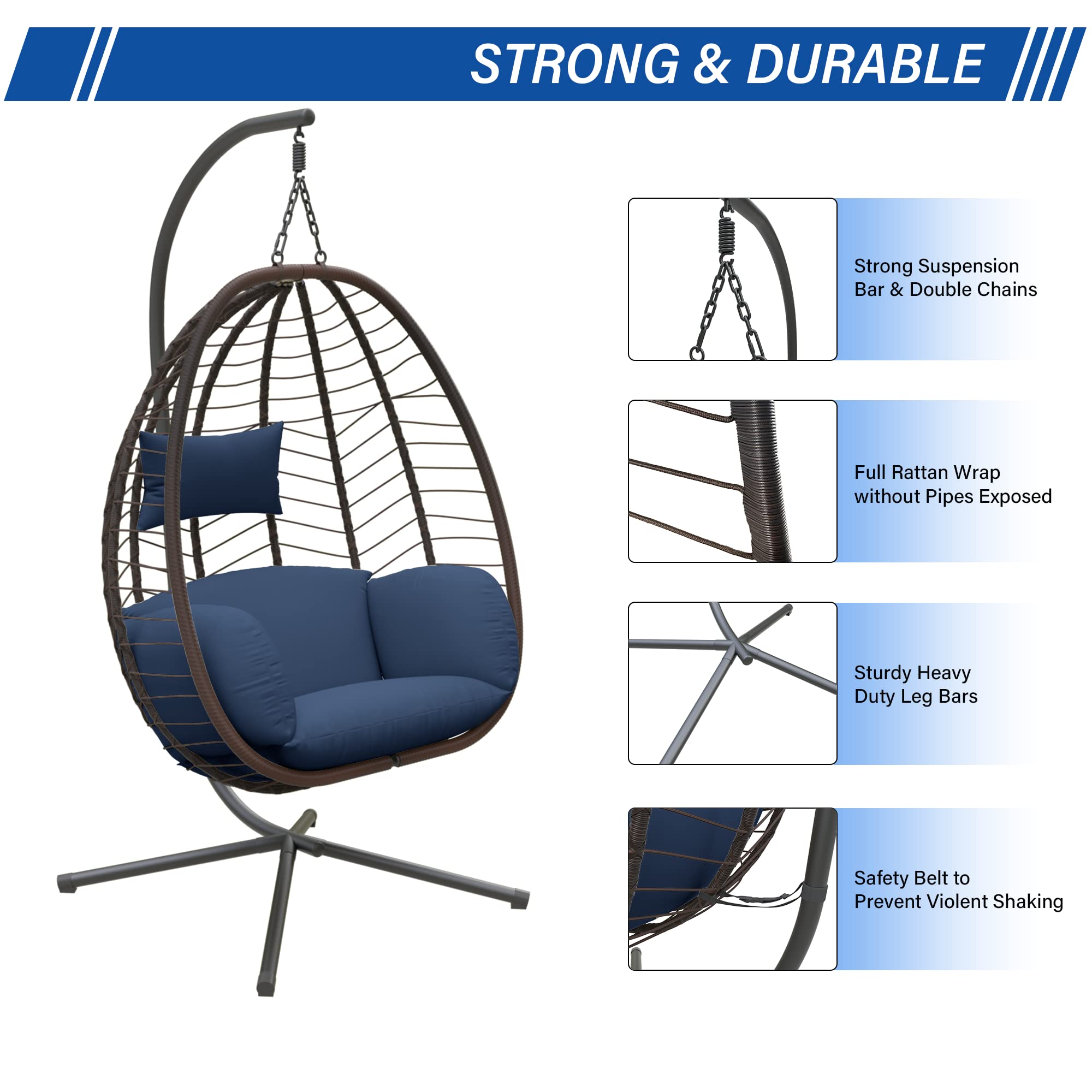 ALAULM Egg Swing Chair - Outdoor Indoor Wicker Rattan Hanging Chair with Stand, 350lbs Capacity, Strong Steel Frame & Dark Blue Cushions - Perfect for Patio, Balcony, Bedroom, Garden Relaxation and Boho Home Decor