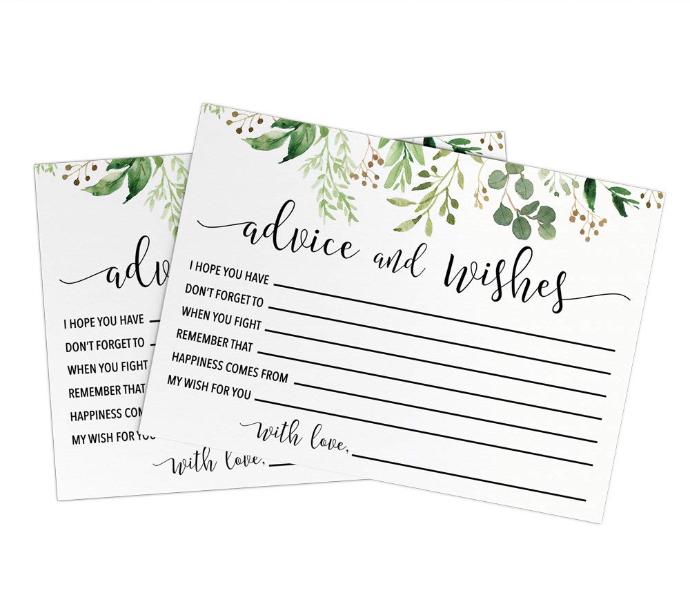 Printed Wedding Advice Cards for Mr & Mrs - Bridal Shower Guest Book Wishes, Games & Favors - 50 Eucalyptus Greenery Decor Cards for Wedding Reception & Bridal Party