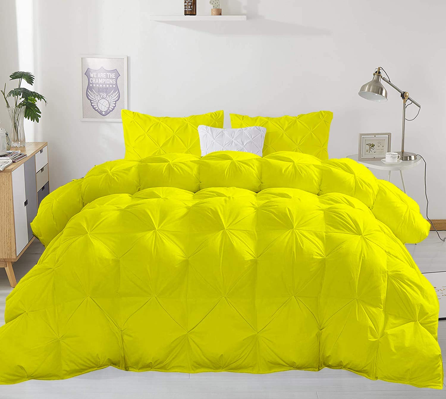 Premium 500 GSM Yellow Down Comforter Set - 5 Piece Full Size with Pleated Design & 4 Pillowcases | 1200 Series Egyptian Cotton Bedding for Luxurious Sleep | Perfect for Master Bedroom, Guest Room & Cozy Winter Nights