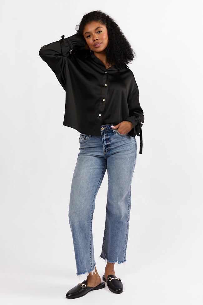 Think It Through Black Bow Cuff Satin Button Down Shirt for Women - Elegant Office Wear & Special Occasion Blouse - Final Sale