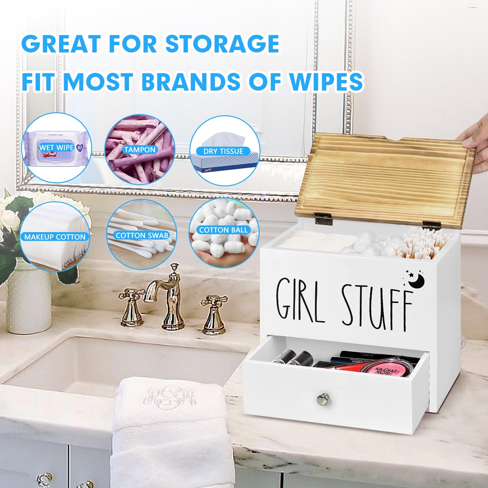 Wooden Feminine Product Organizer with Drawer & Lid - Tampon & Pad Storage Box, Cotton Ball/Swab Holder - Bathroom Decor & Organization for Women's Hygiene Essentials - Perfect for Vanity, Countertop or Shower Storage