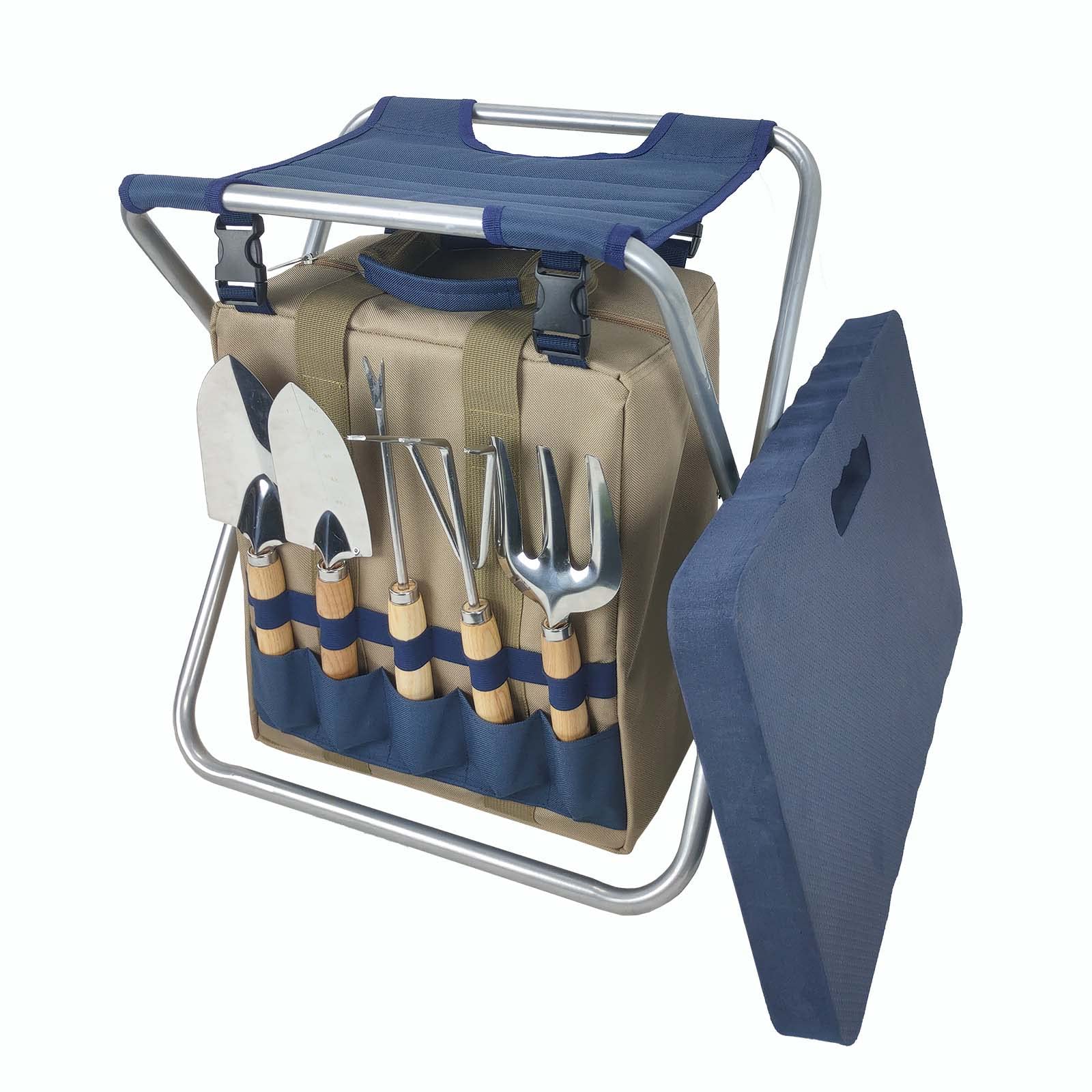 **Foldable Garden Stool with 5 Gardening Tools & Insulated Storage Bag - Ergonomic Kneeler for Outdoor Planting, Weeding, and Landscaping (Navy Blue)**