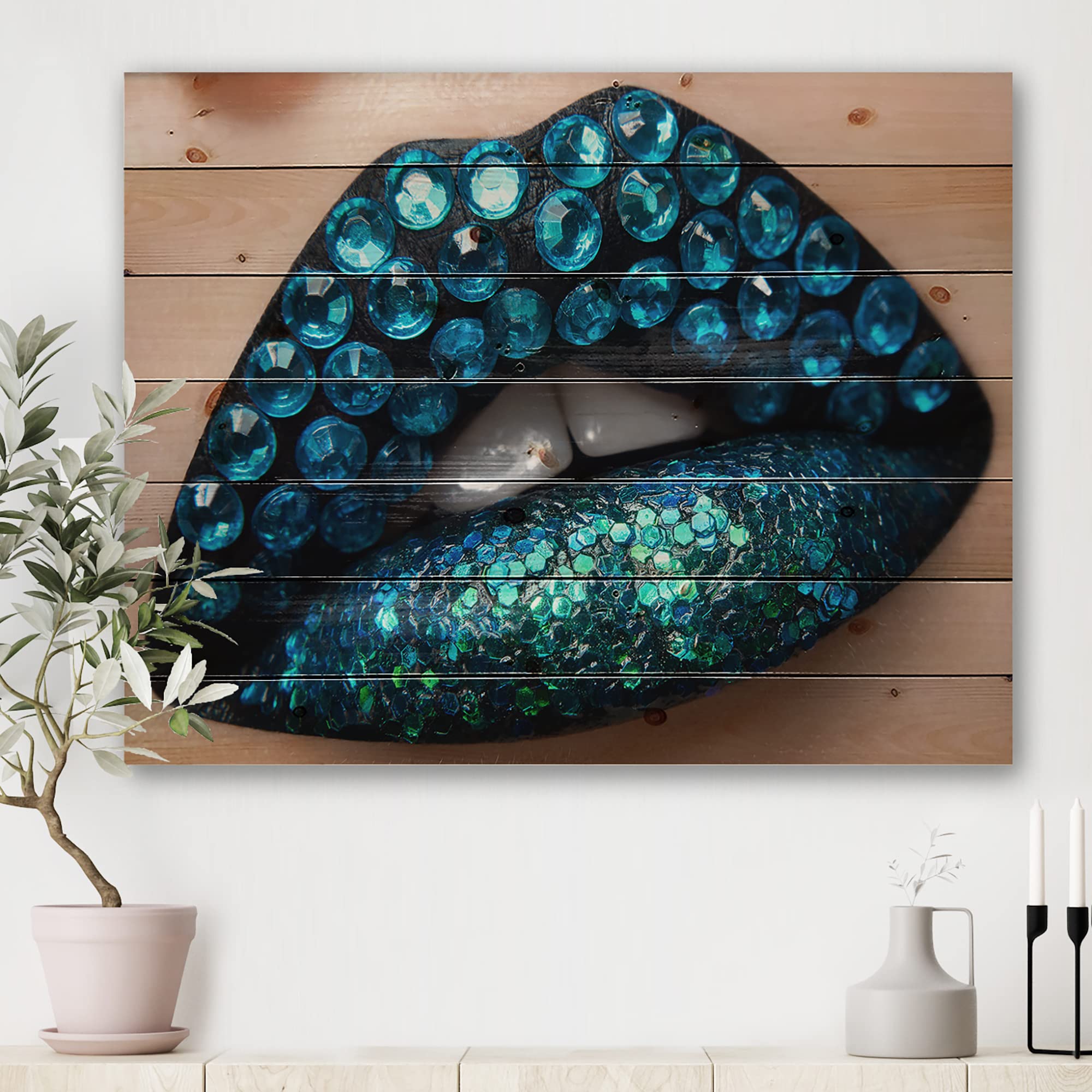 Blue Diamond Lips Wood Wall Art - Modern Black Lipstick Decor for Living Room