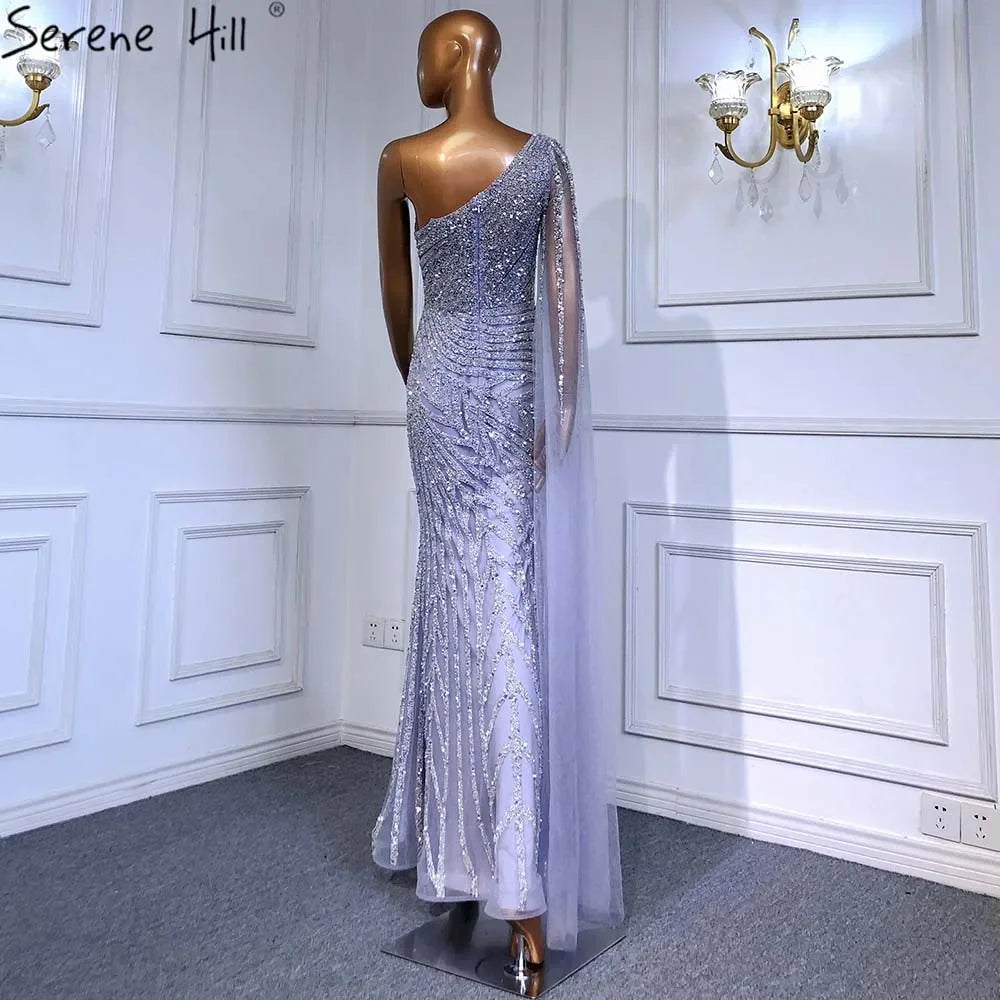 Elegant One Shoulder Lilac High Split Mermaid Evening Dress with Beaded Details for Women - Perfect for Prom, Gala, and Formal Parties - Serene Hill LA71493