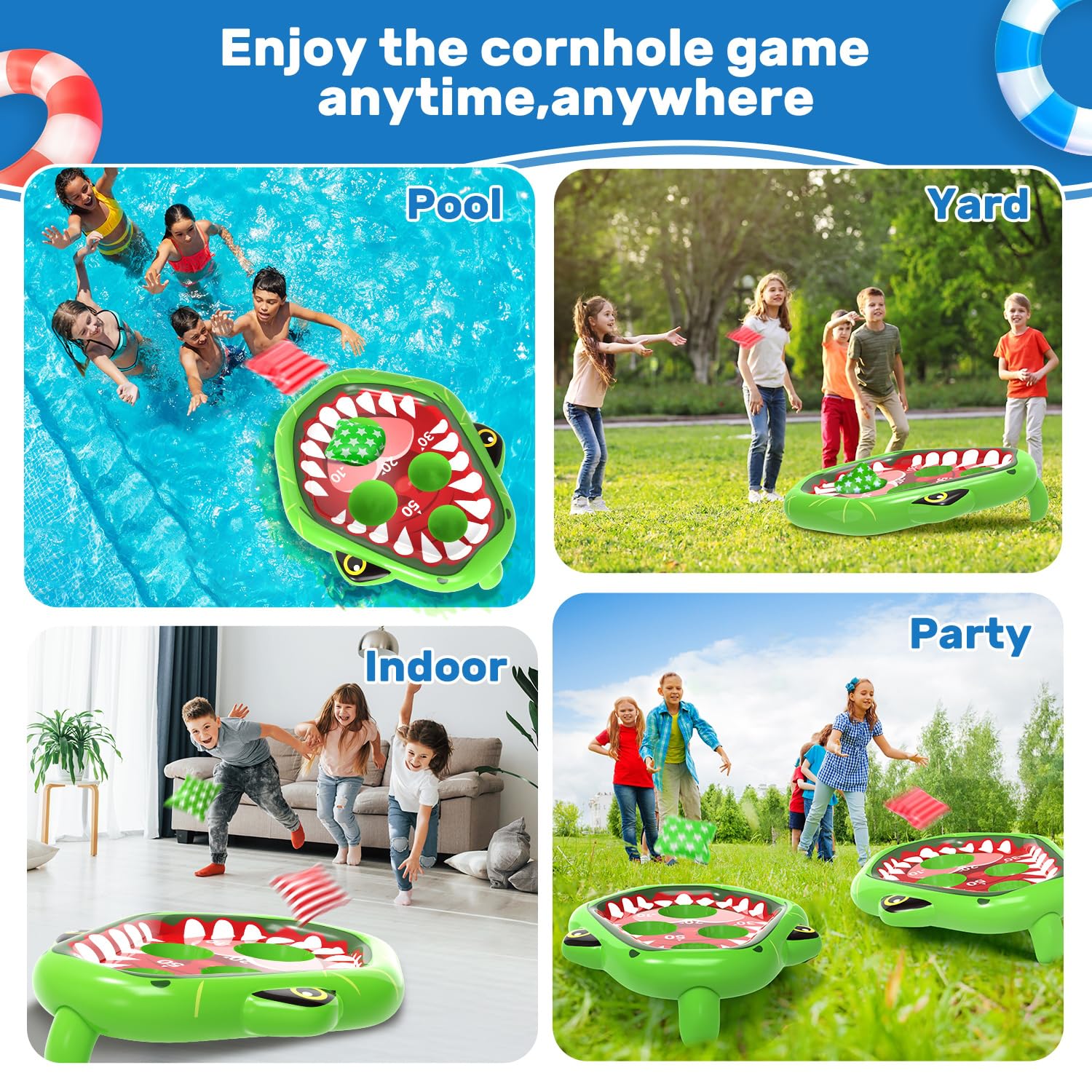 **EagleStone Inflatable Pool Cornhole Game Set - 2PCS Dinosaur Pool Floats & 8 Bean Bags for Kids & Adults - Outdoor Water Toys for Beach, Pool Party, Backyard Fun**    *(Perfect for Summer BBQs, Family Gatherings, and Kids' Birthday Parties!)*