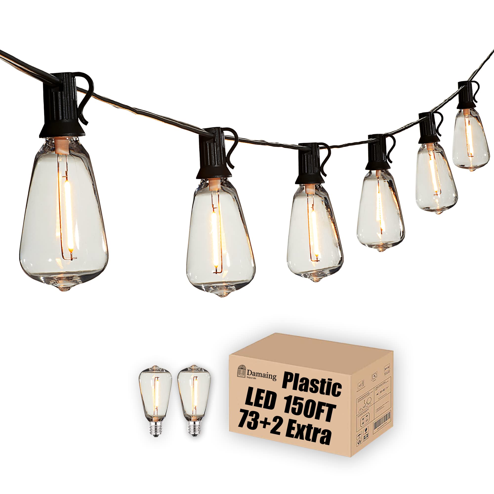 150 FT Outdoor String Lights with 75 Dimmable ST38 LED Bulbs - Shatterproof Waterproof Vintage Edison Lights for Patio, Bistro, Balcony, Backyard & Gazebo | Perfect for Romantic Dinners, Garden Parties & Outdoor Weddings