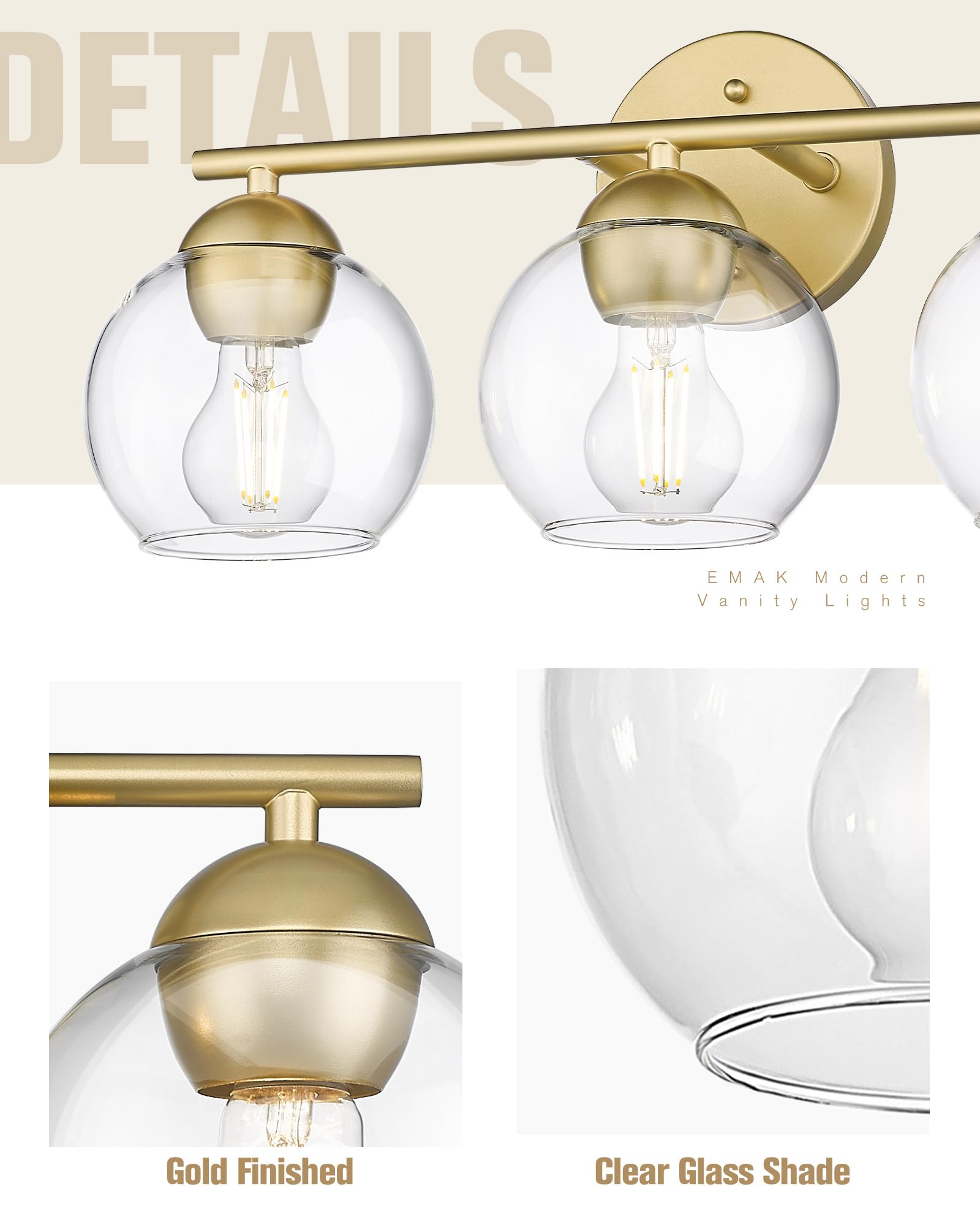 Emak 3-Light Gold Bathroom Vanity Light Fixture with Clear Glass Globes - Modern Mirror Lighting for Bathroom, Powder Room & Dressing Area