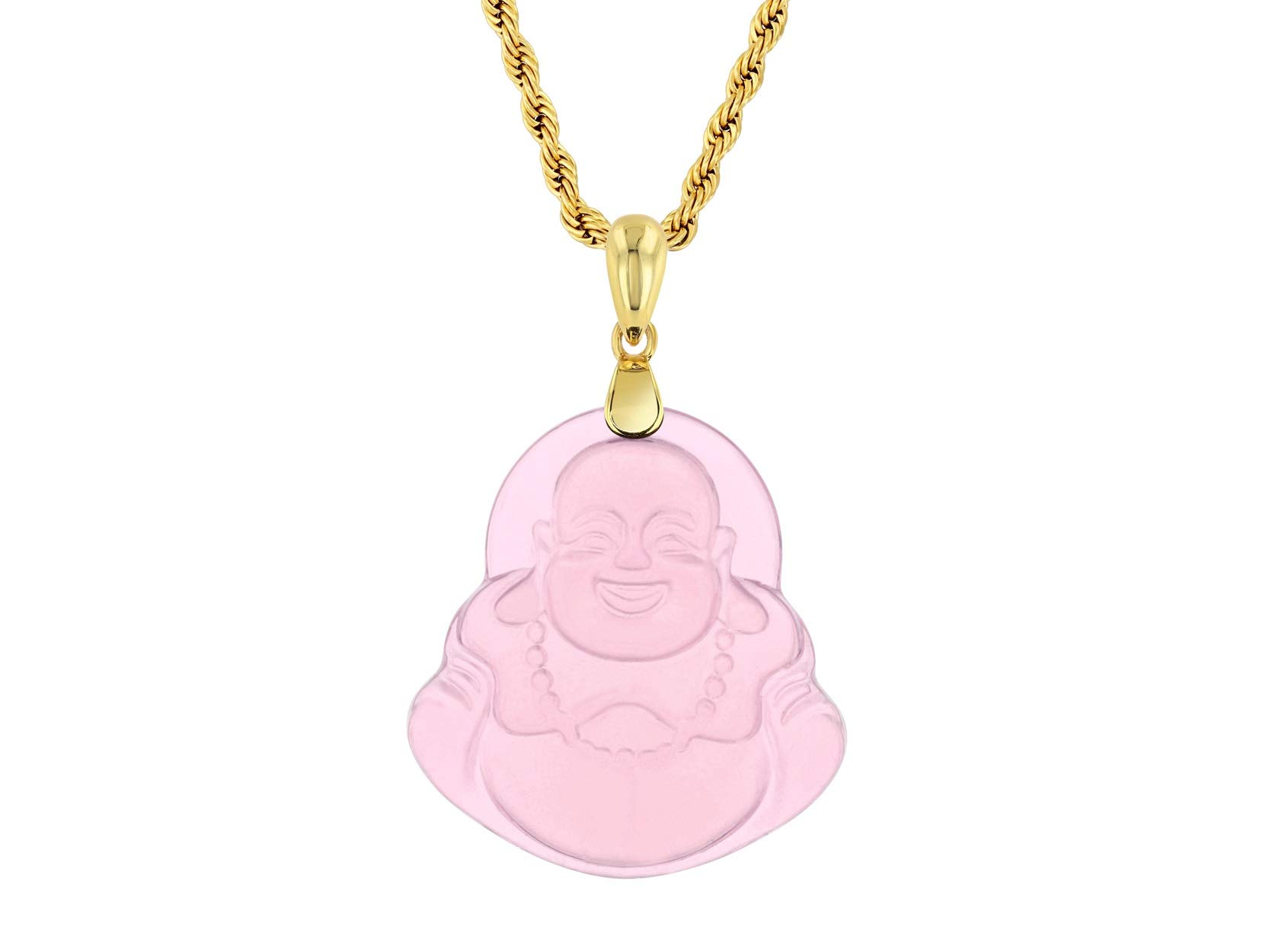 Genuine Certified Grade A Pink Jadeite Laughing Buddha Pendant Necklace - Handcrafted 14k Gold Finish Rope Chain - Men's Spiritual Jewelry for Meditation, Gifts & Positive Energy