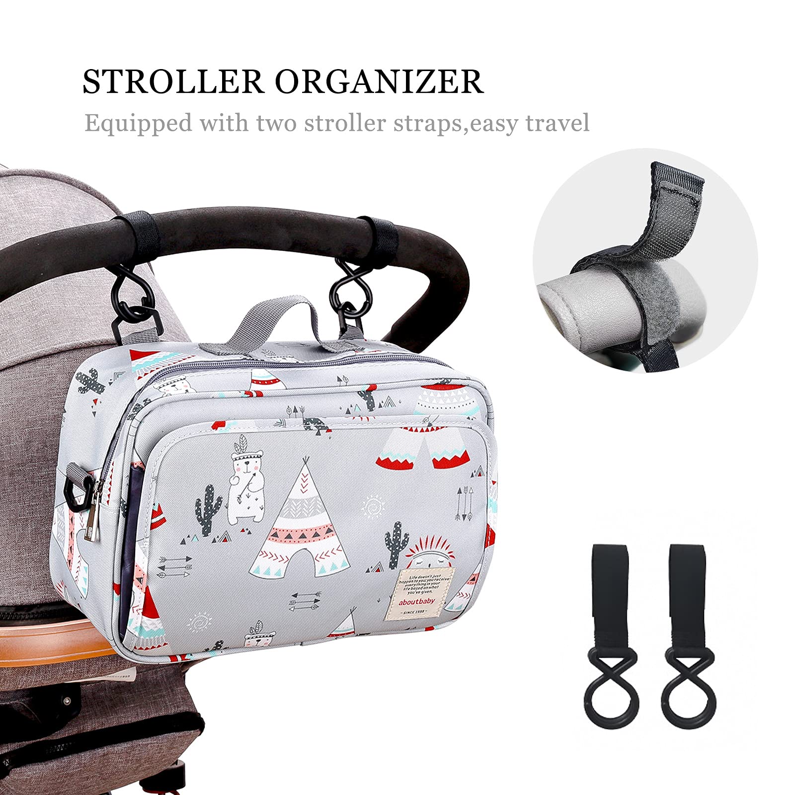 Universal Stroller Organizer Bag with Deep Cup Holders & 2 Hooks - Large Pram Storage, Shoulder Strap for Carry-On Use, Fits All Buggy Models (Light Grey) - Perfect for Baby Outings, Shopping & Travel