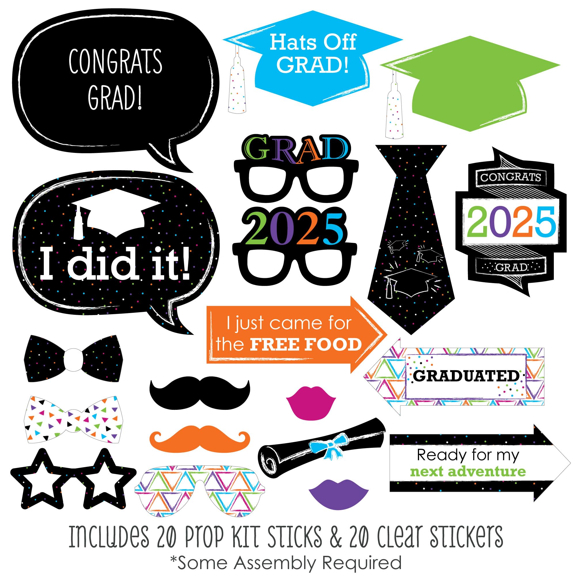 Hats Off 2025 Graduation Photo Booth Props Kit - 20 Count for Kindergarten & Elementary School Graduation Party Decorations | Perfect for Graduation Celebrations, Photo Booths & School Events