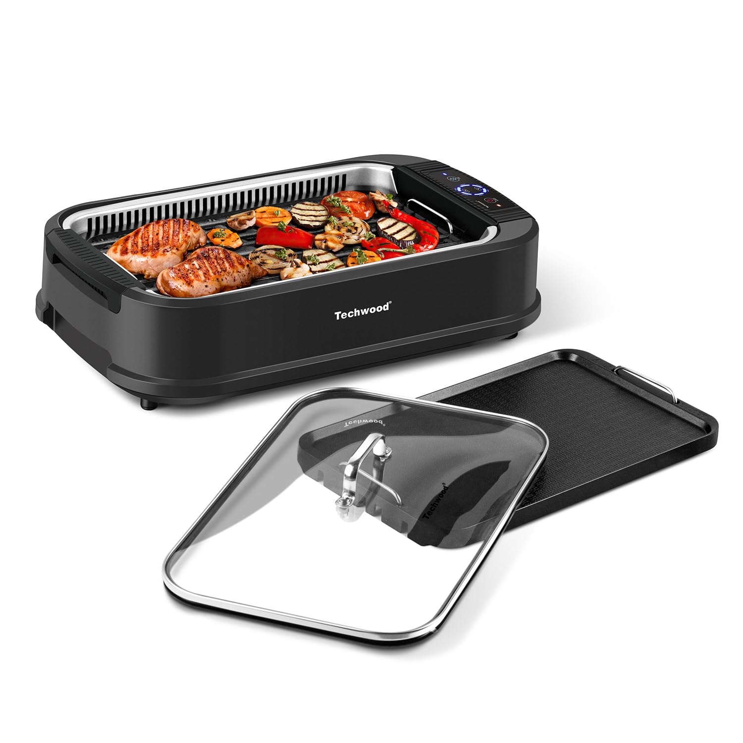 Techwood 1500W Smokeless Indoor Electric Grill - 2-in-1 Nonstick Grill & Griddle Plates, 6-Level Temperature Control, Portable Korean BBQ Grill with Glass Lid, Dishwasher Safe (Black) - Perfect for Home Cooking, Family Gatherings & Apartment Living